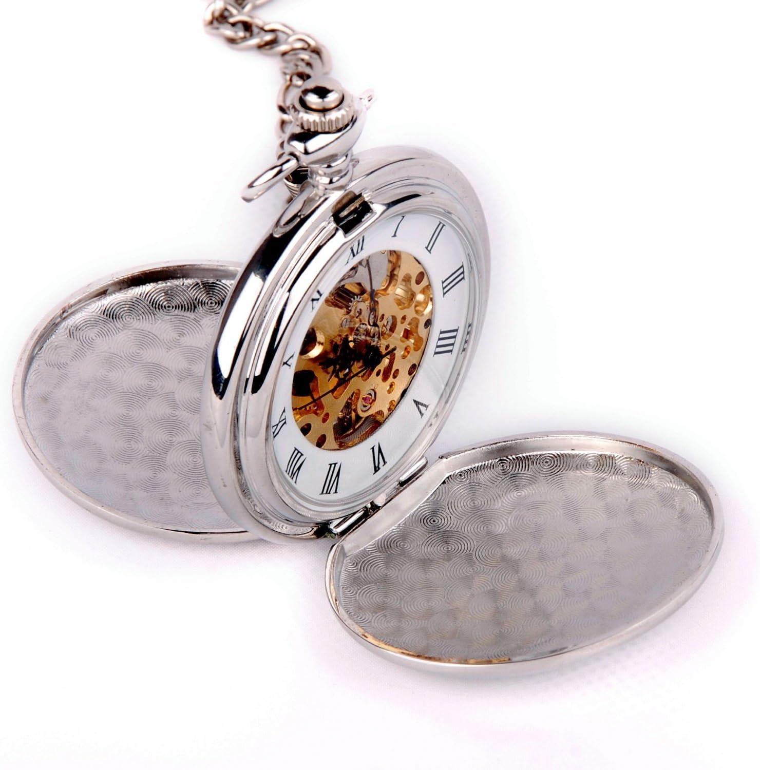 Vantasy Luxury Double Hunter Skeleton Silver Tone Stainless Steel Pocket Watch Full Hunter MEPW00005