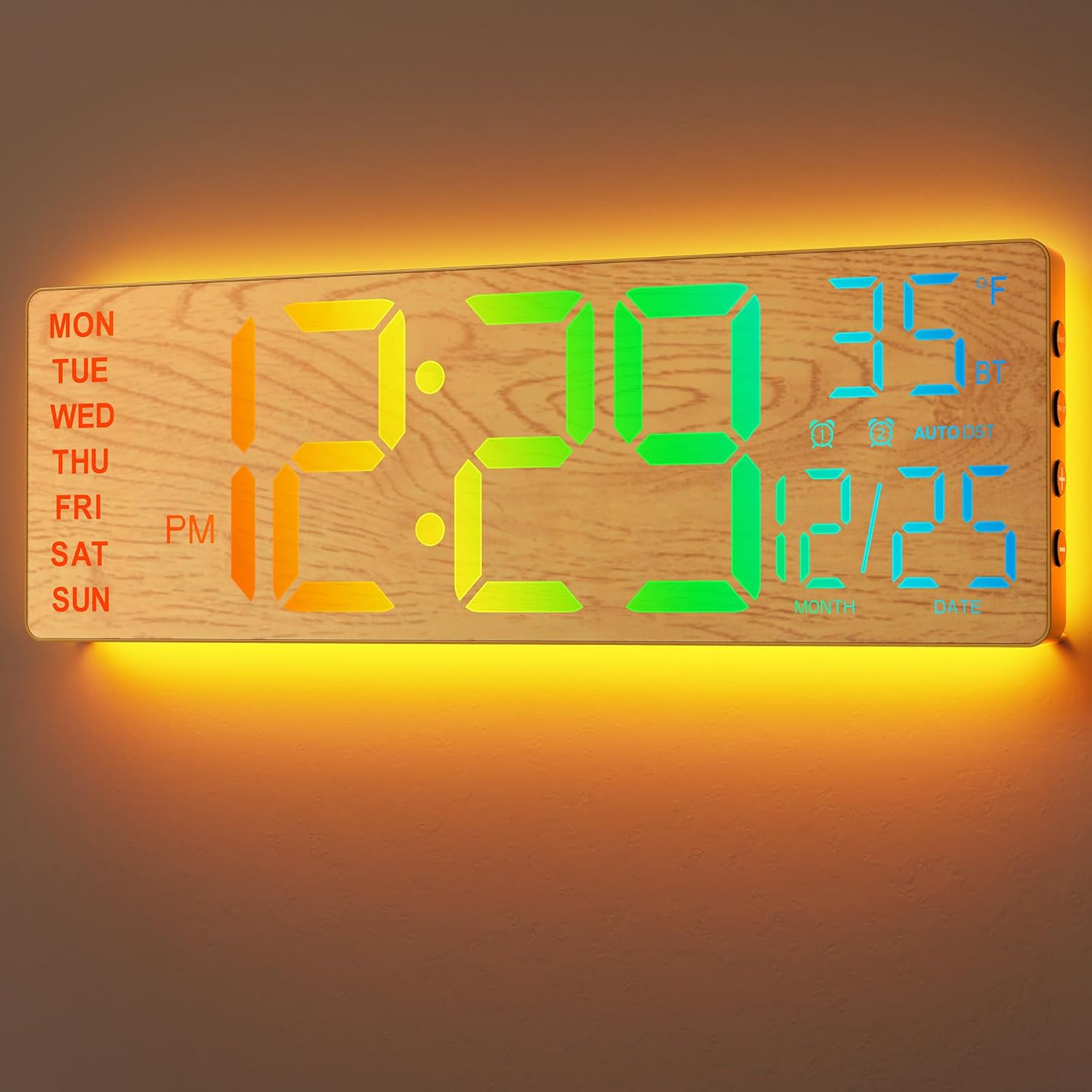 16.5" Large Digital Wall Clock with BT Sync, Wood Grain Clock with 11 RGB Light Scenes, Remote Control, Dual Alarms with Big LED Display, Auto DST, Temperature for Classroom Gaming