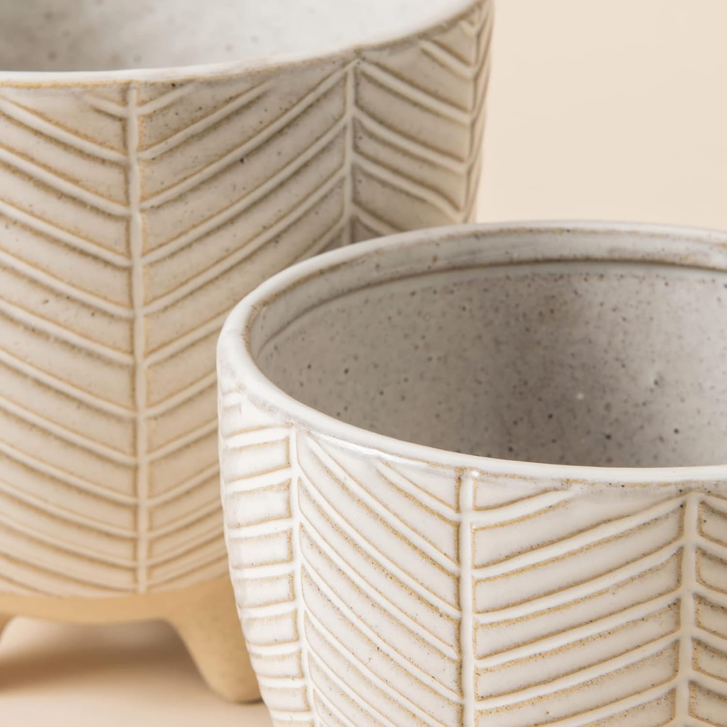 LA JOLIE MUSE Ceramic Footed Flower Plant Pots - 6.7 + 5.1 Inch Boho Decor Indoor Planters with Drainage, Home Decor Gift, Beige