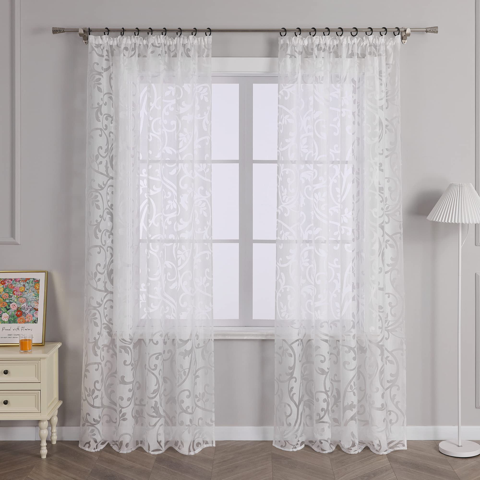 Delien Voile Curtain with Tendrils Design Transparent with Ruffle Tape 140 x 245 cm White, White Tendrils With Ruffle Tape