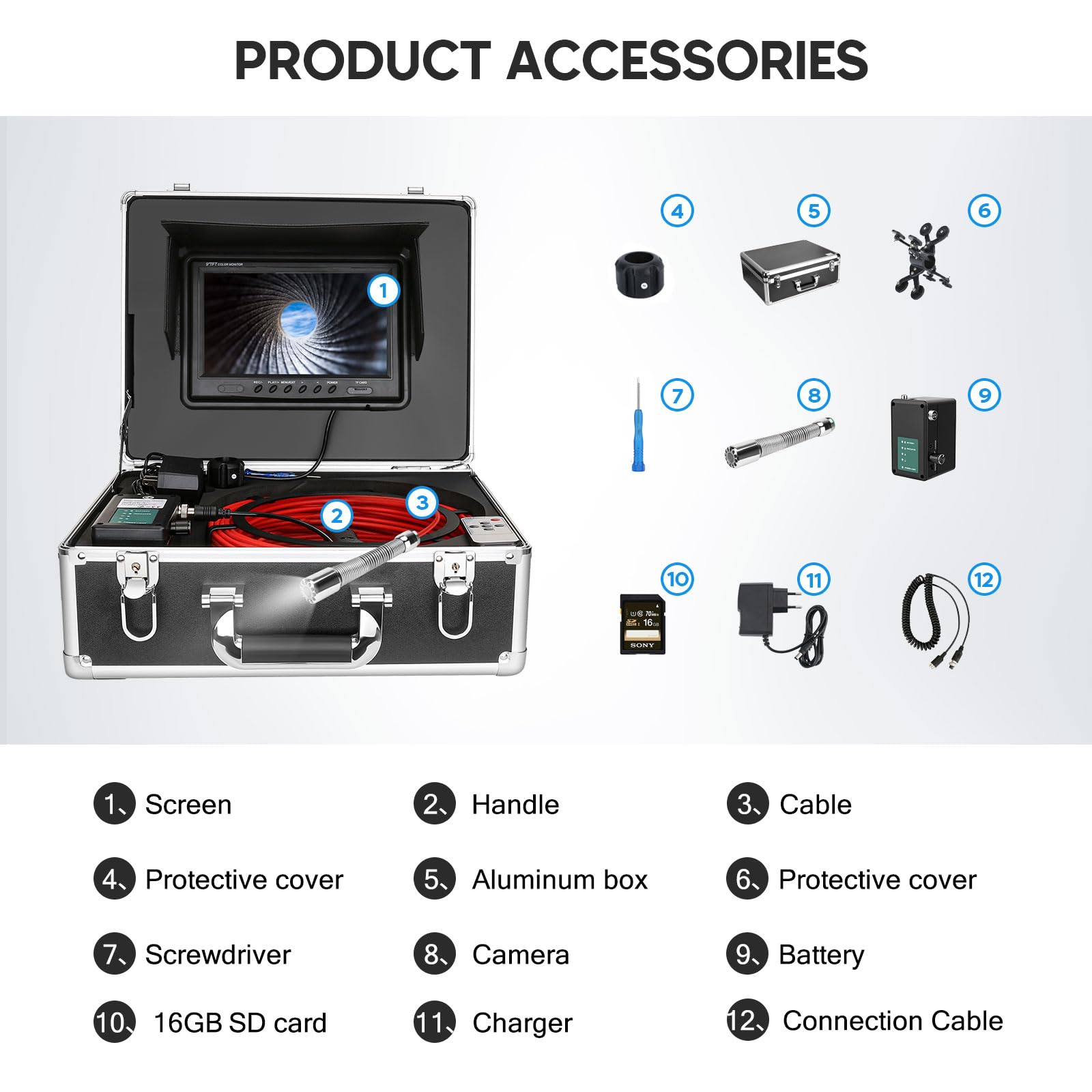 Telecamera Endoscopica 30M Con DVR, Monitor LCD A Colori Da 9 Pollici Video Boroscopio IP68 Impermeabile Per Ispezione Delle Tubazioni Per Idraulico E Ingegnere (Scheda SD 16G Inclusa) (30M - Foto 6