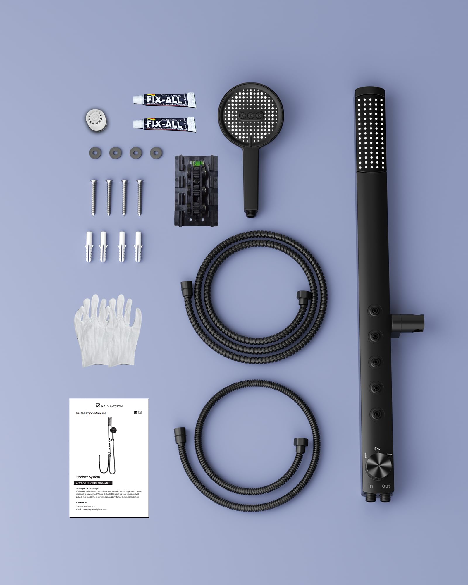 Rainsworth Regendusche ohne Armatur, Höhenverstellbares Duschset, Schwarz | Duschsystem mit 3 Strahl Handbrause, Schlauch & Halterung, 40cm Verstellbare Duschstange für Komfortable Badezimmer Duschen