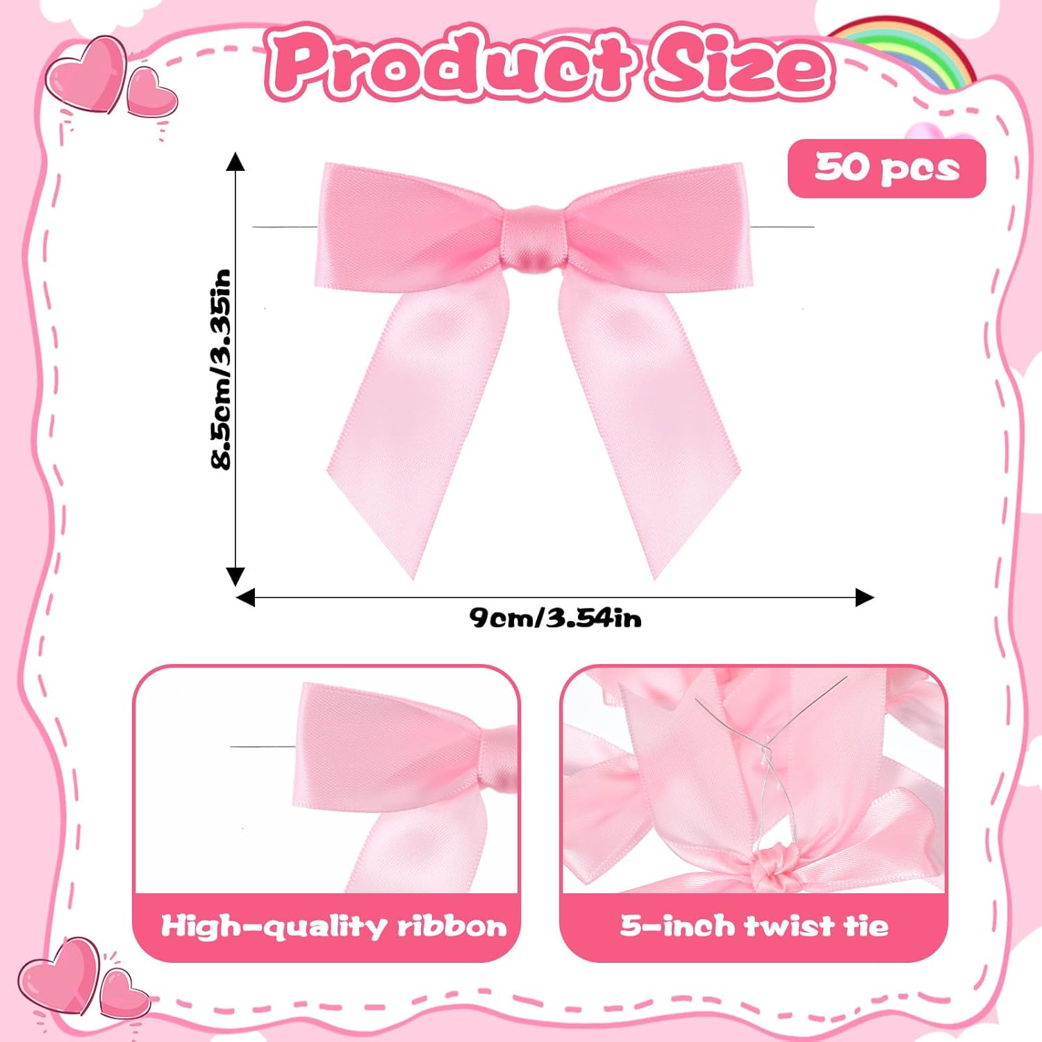 50 Pcs Pink Ribbon Bows, Satin Ribbon Twist Tie Bows Gift Wrapping Premade for Basket Crafts Wedding Baby Shower Brithday Christmas Party Decorations - Image 2