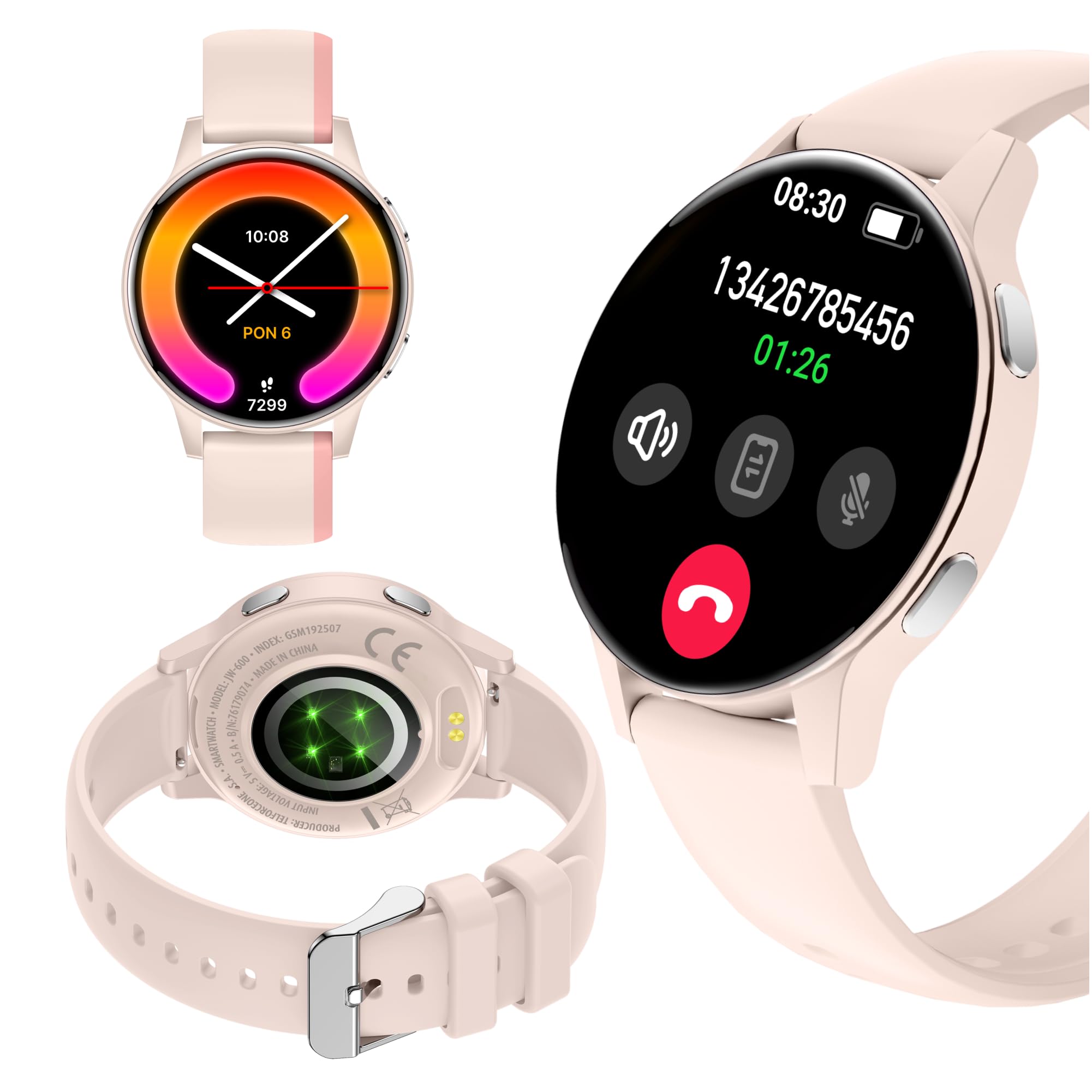 Forever Reloj inteligente IGO Watch 4 para mujer - AMOLED táctil, reloj redondo, monitor de sueño, deportes, fitness, alertas SMS, Bluetooth, resistente al agua IP67, blanco/rosa, 2 rayas, reloj