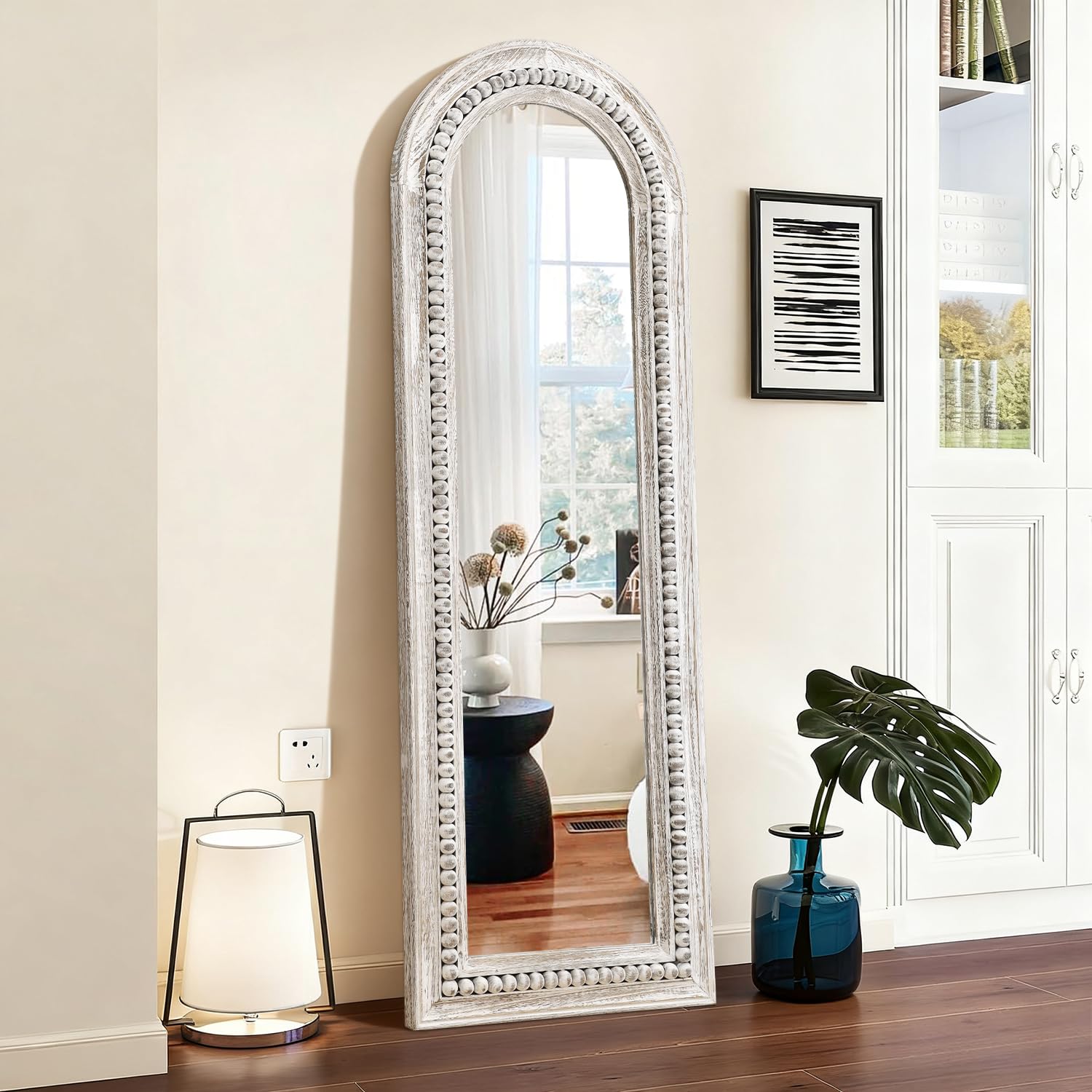 MWAZZLL Wall Mirror Full Length with Beaded Framed Arch Rustic Wood Floor Mirrors Decrorative Large 149x50cm for Bedroom Bathroom Living Room Entryway Dressing Room White โ image 1