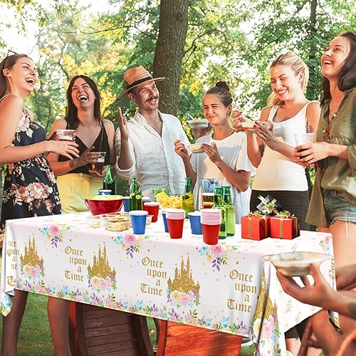 Miniatura 2 de Dydamud Manteles de fiesta de té de princesa, mantel de castillo de princesa, 3 piezas Upon a Time, mantel floral rosa para fiesta de cumpleaños de