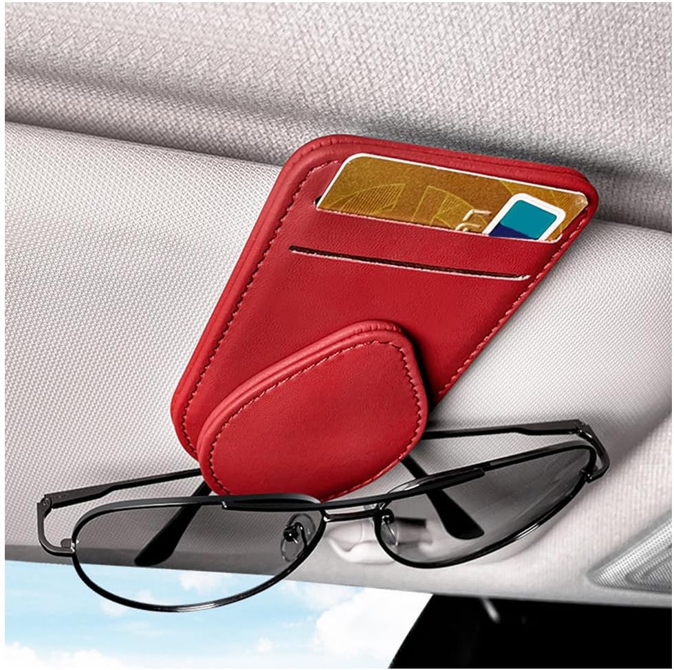 Magnetic Glasses Holder for Car, Multipurpose Leather Car Glasses Holder with 2 Card Slots, Elegant Interior Car Accessories to Store Glasses, Sunglasses, Cards (Red)