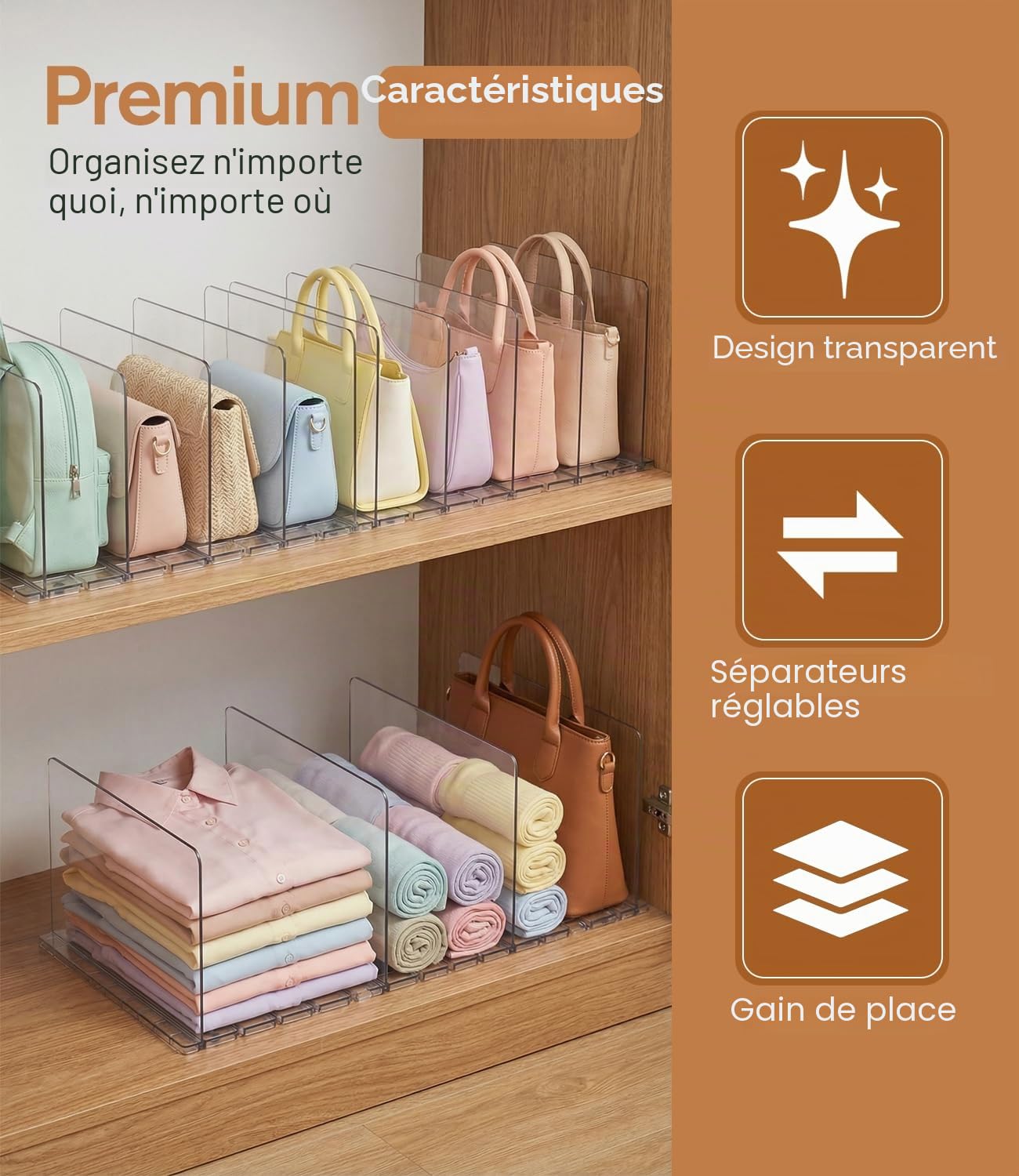 Lot de 10 Rangement Sac à Main, Organisateur Sac à Main en Acrylique Transparent, Separateur Etagere D'étagères Réglables avec Base Rainurée pour Chambre, Cuisine, Bureau, Salle de Bain