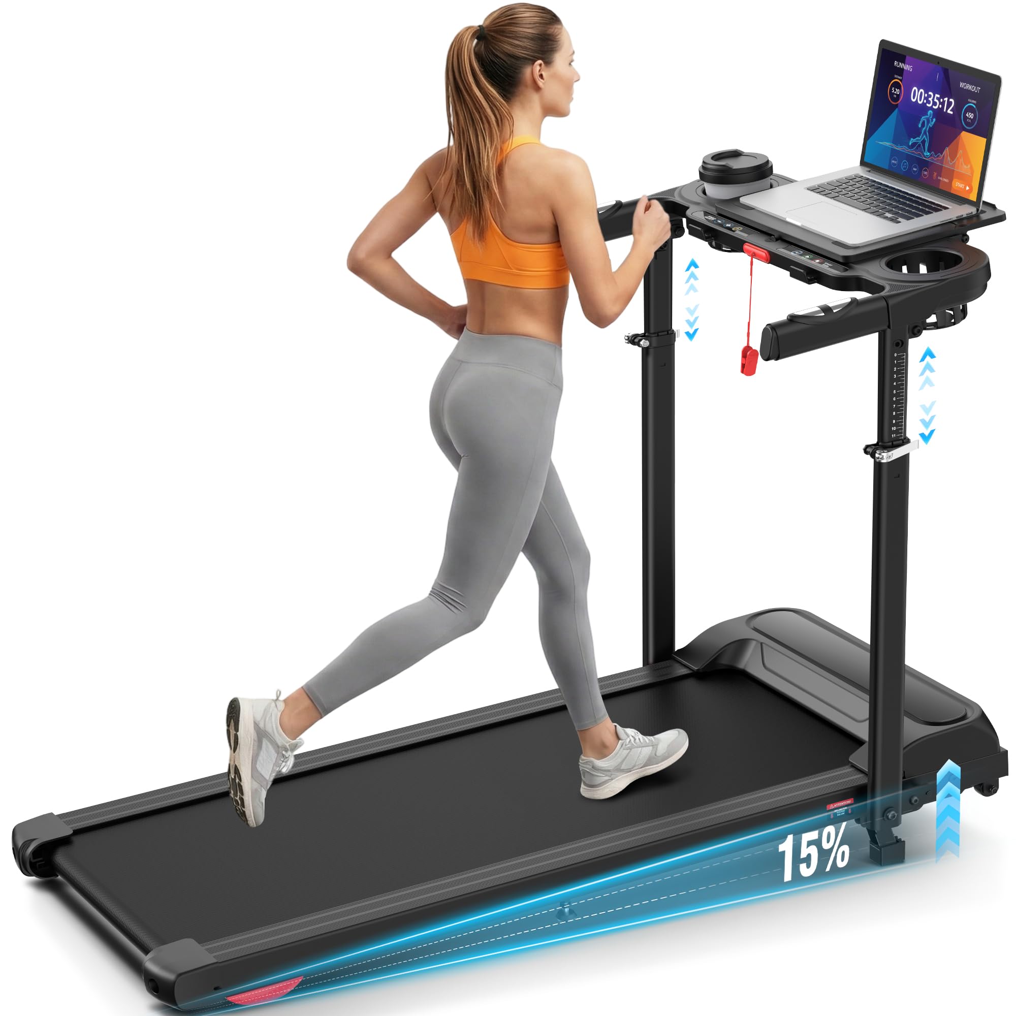 Treadmill with Desk Workstation &amp; Adjustable Height, 450 lbs Weight Capacity, Folding Incline Treadmill with Handle Bar, Portable Ultra-Quiet 3.5HP Walking Pad Treadmill with Desktop for Home Office