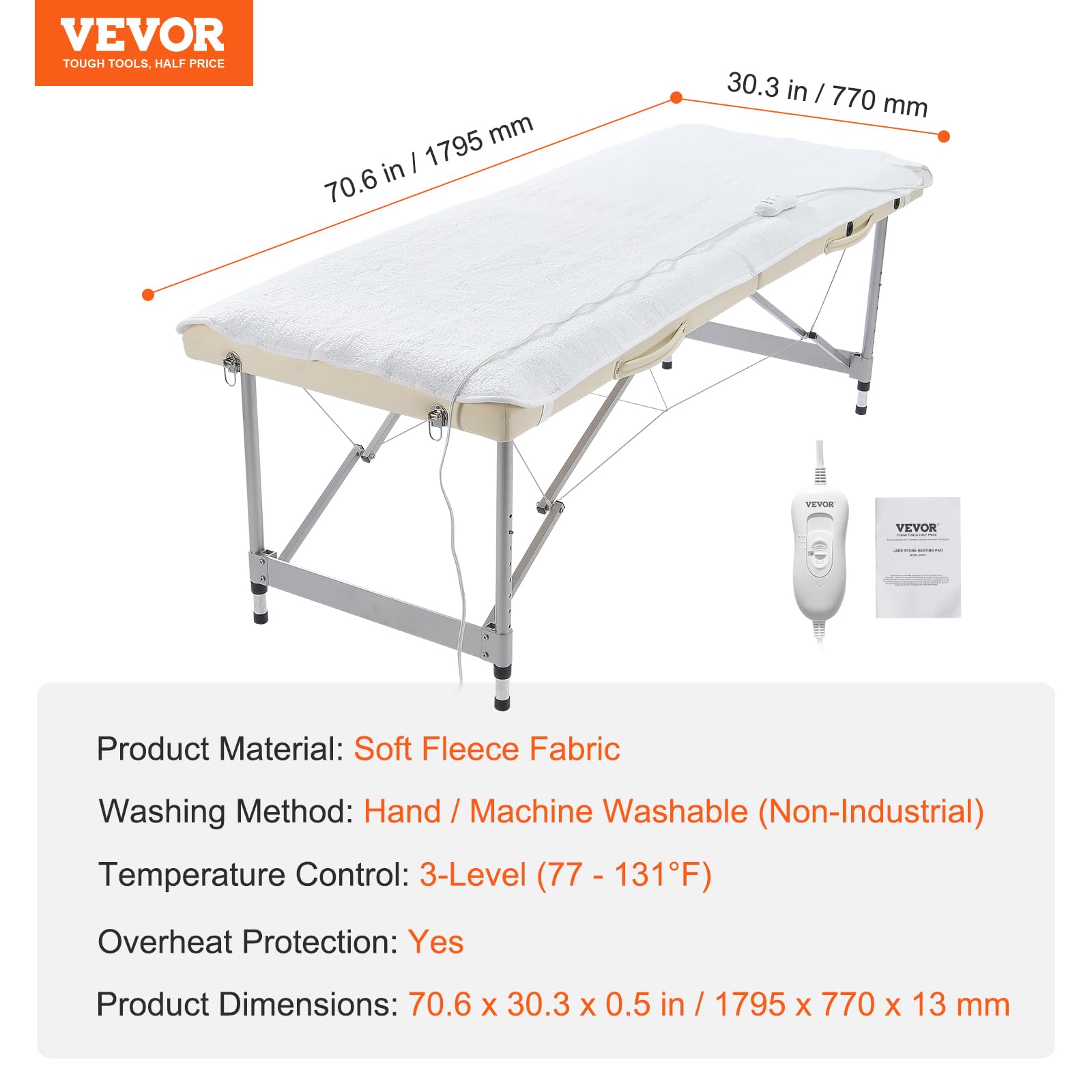 VEVOR Scaldaletto per Lettino da Massaggio SPA, Cuscinetto Riscaldante in Pile Spesso e Morbido con 3 Impostazioni di Calore, Protezione Surriscaldamento per Massaggio, Spa 1795 x 770 x 13 mm