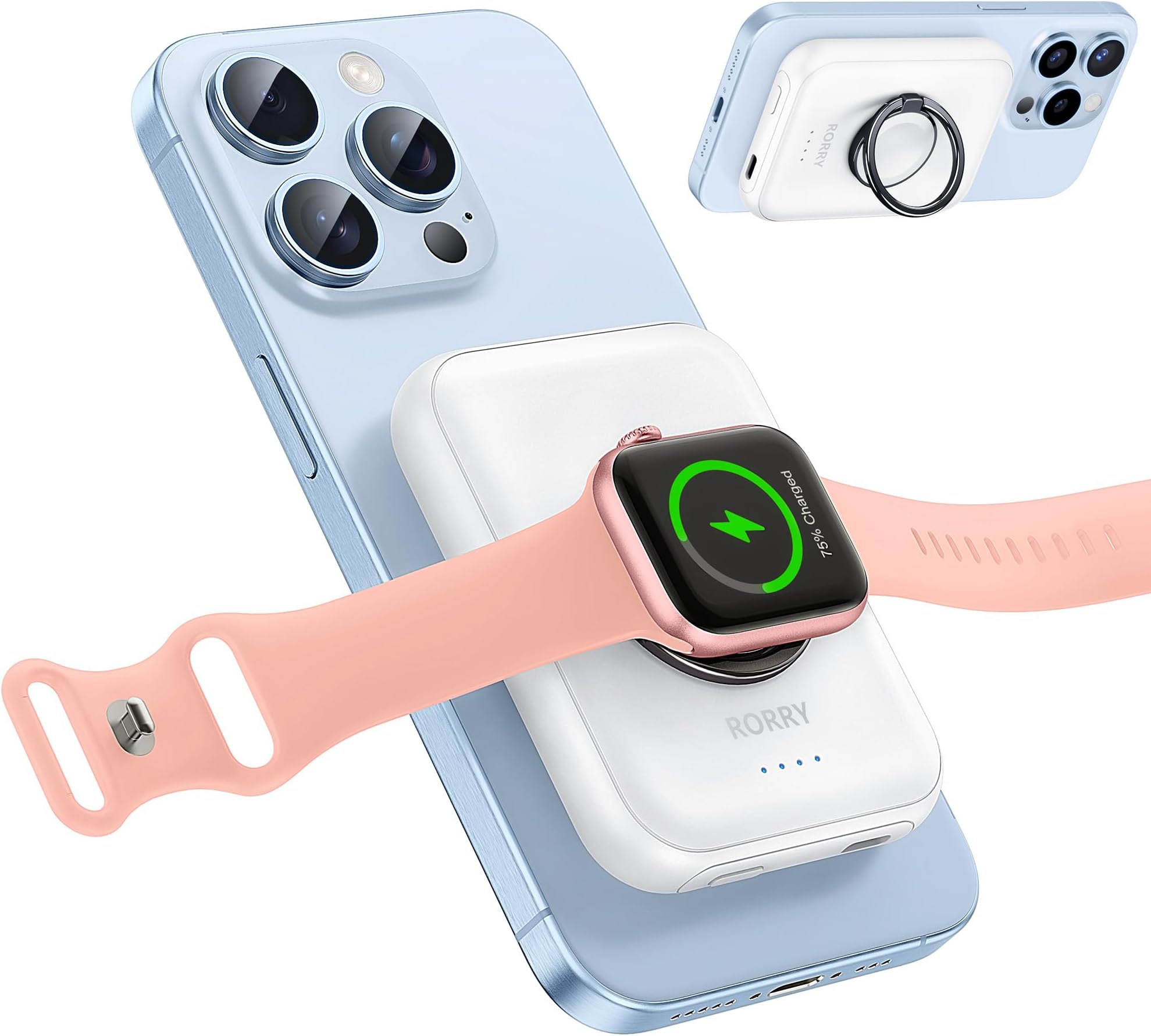 RORRYfor Magsafe Portable Charger, [for iPhone & iWatch] Fast Charging Magnetic Power Bank, 5000mAh for Wireless Portable Charger, for Magsafe Battery Pack with Finger Ring, White