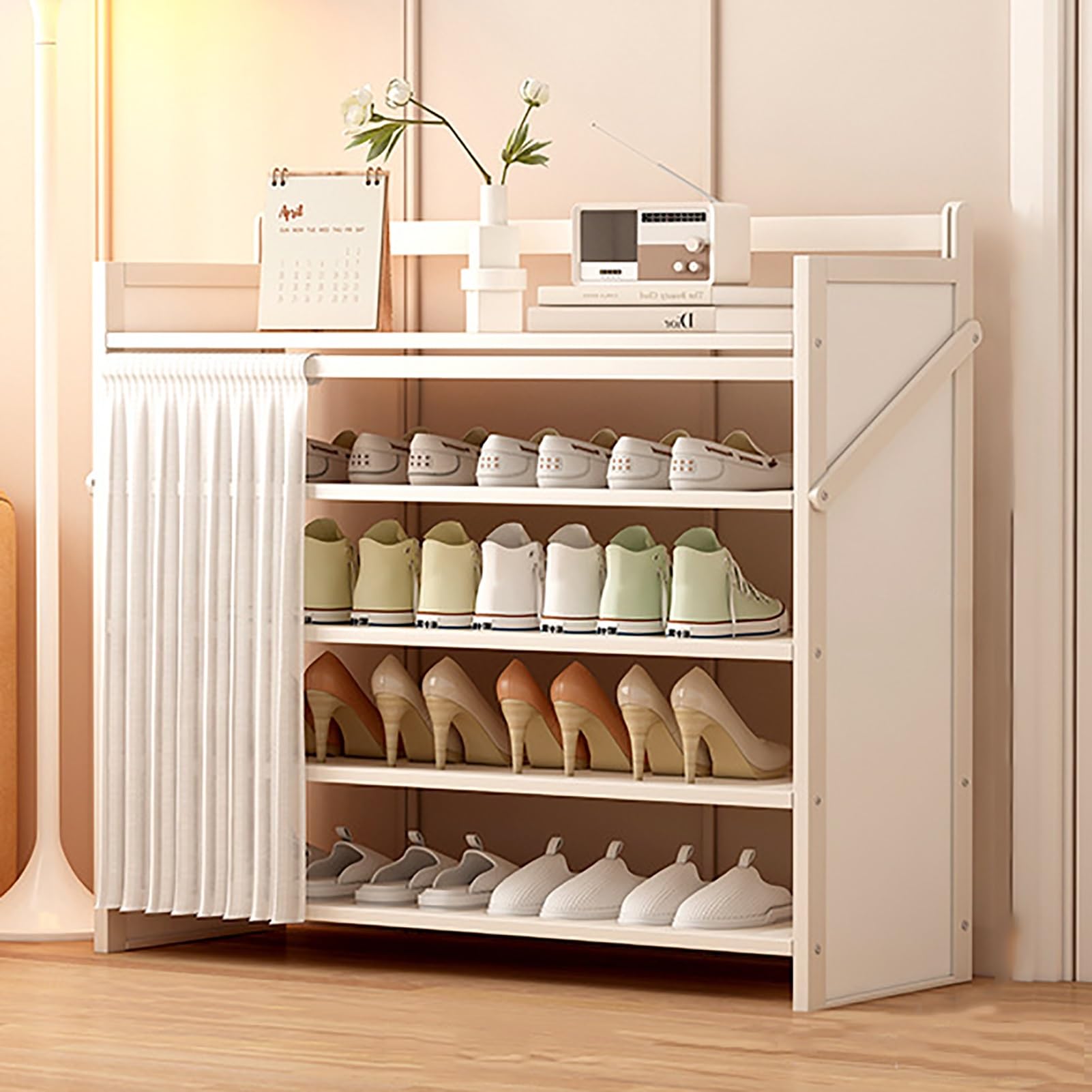 Foldable Shoe Rack No Assembly Required Bamboo Shoe Indoor/Outdoor Storage Shelf Independent Shoe Cabinet for Entryway Camping 2 Tier Black Color(White-5 Layers 35.4in)