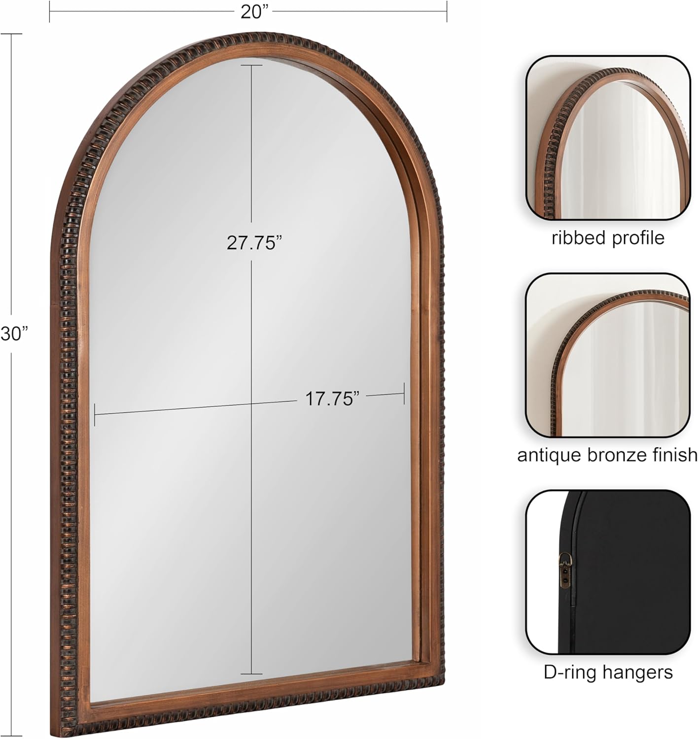 Kate and Laurel Chaston Vintage Beaded Arch Wall Mirror, 20 x 30, Antique Bronze, Traditional Ribbed Vintage Bathroom Mirror for Over Sink or for Use as Living Room Wall Decor