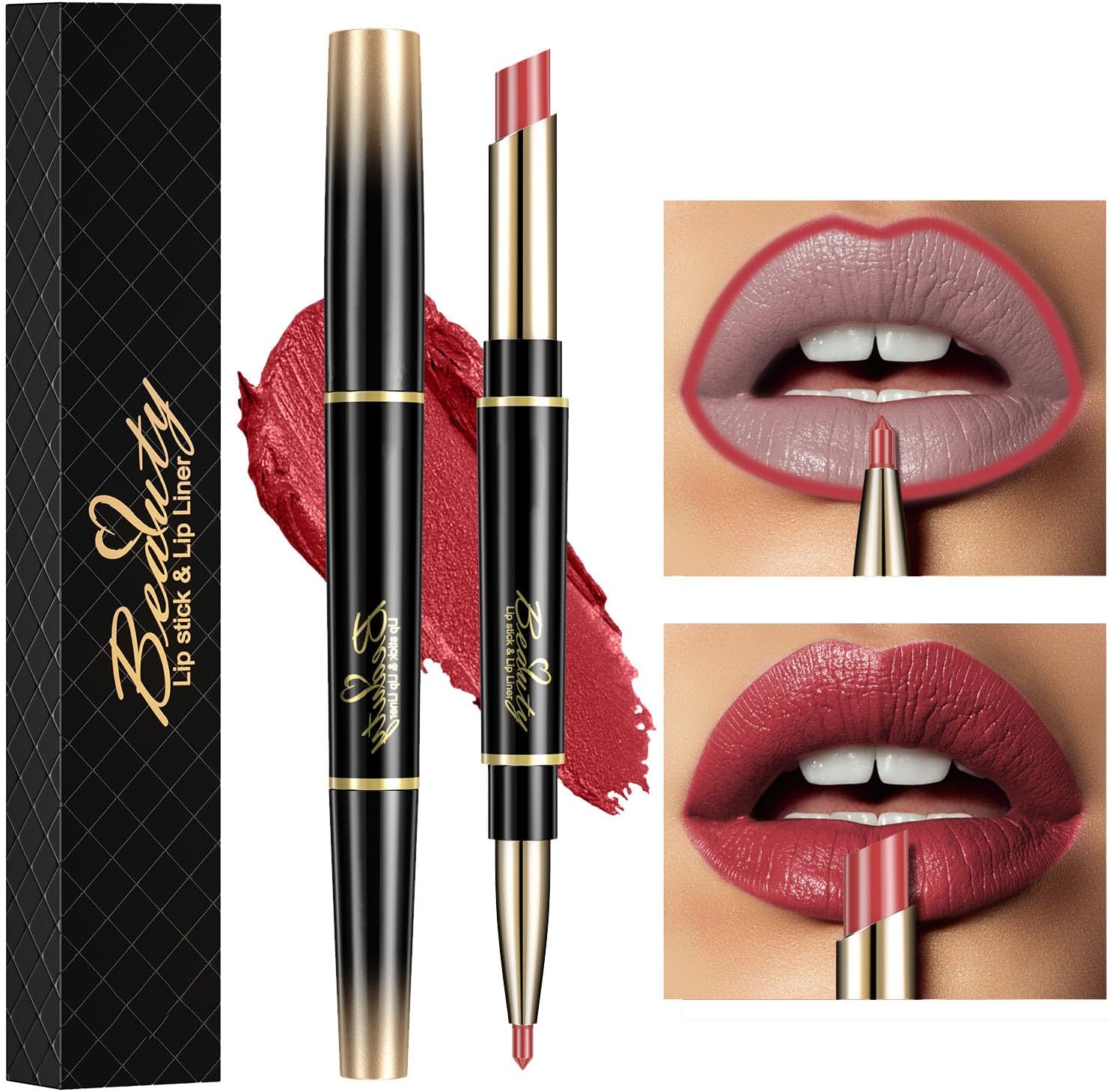 HOUSN 2 in 1 Double-end Lip Liner Pencil Matte Lipstick Pen, Long-lasting Lip Liner Contour Makeup Lipsticks, Non-Stick Cup Not Fade Lip Liner For Girls and Women Gift(3#Grapefruit)