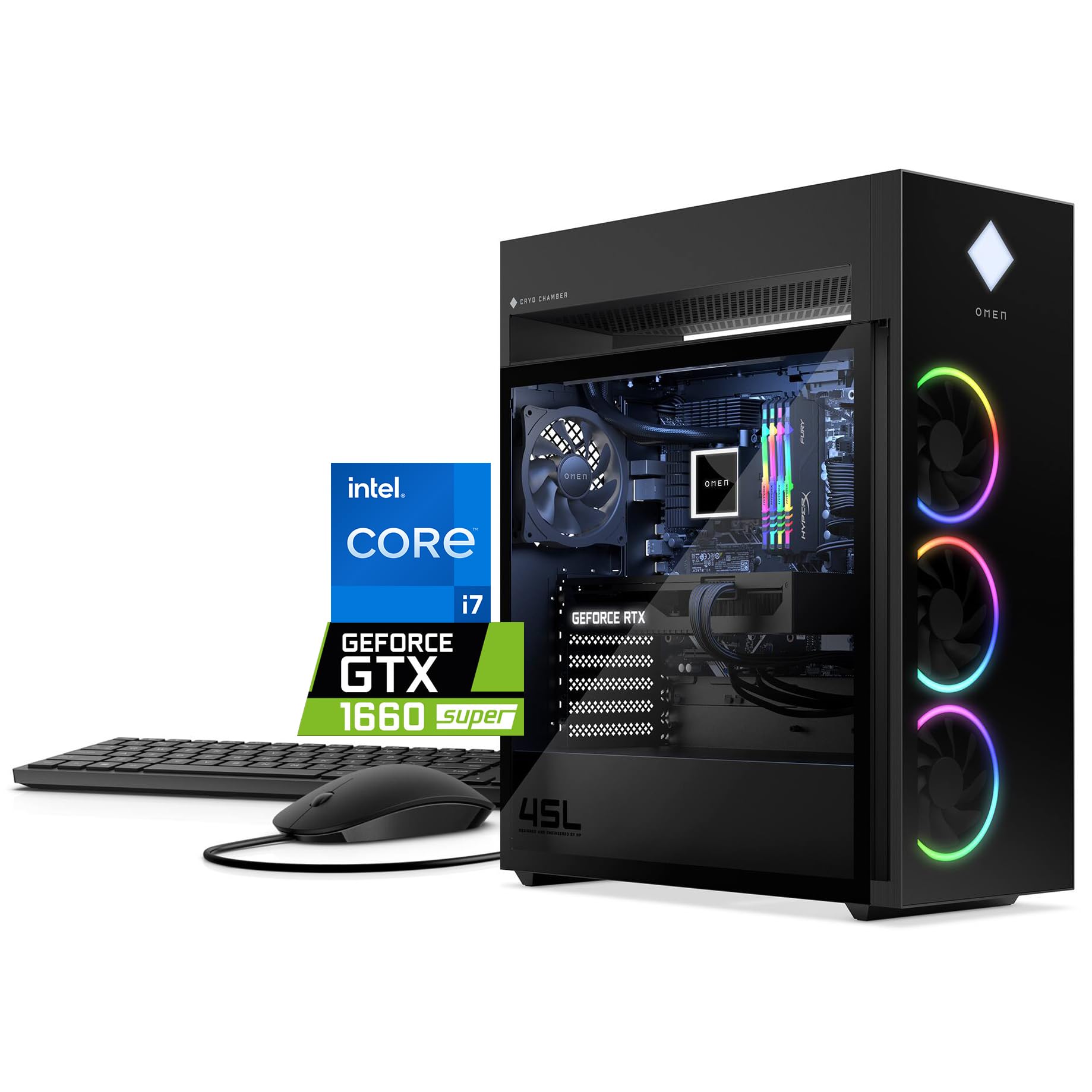 HP OMEN 45L Gaming PC, Liquid CPU Cooler, 12-Core i7, 16GB RAM, 512GB SSD | RJ-45, WiFi Adapter, HDMI, DisplayPort, Support 3-Monitor, 800W PSU, RGB Tempered Glass, Windows 11 Home