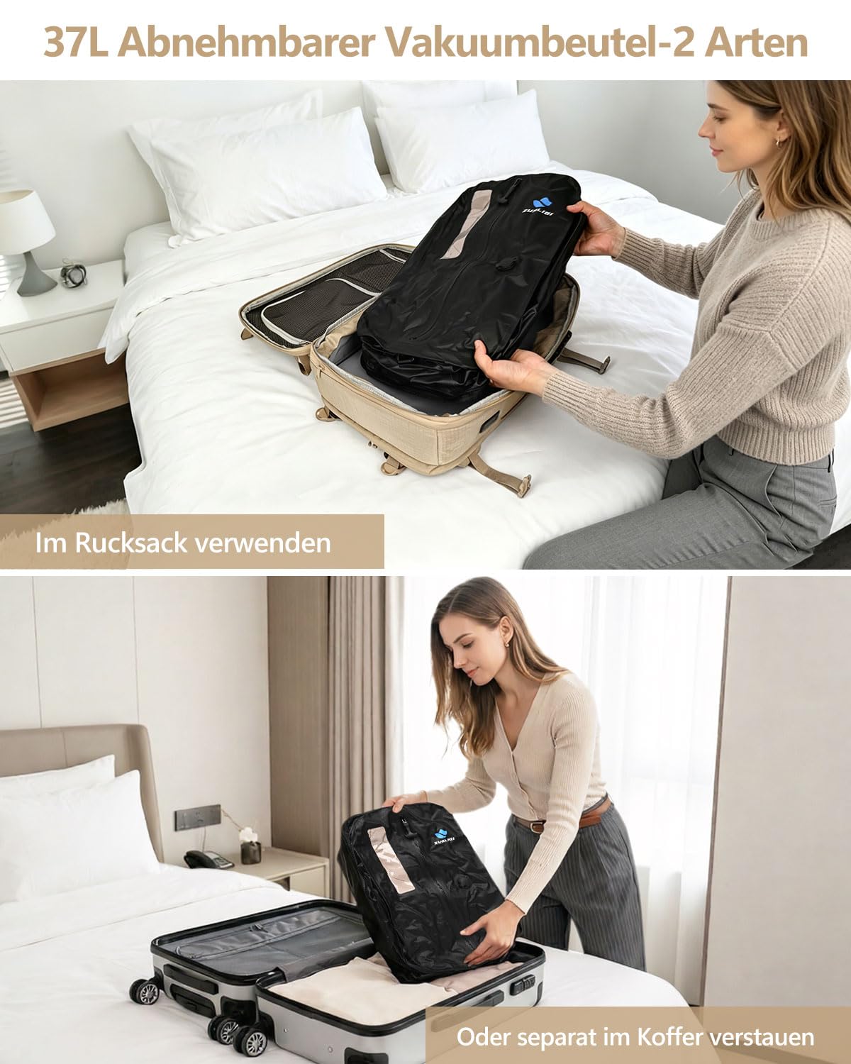 Zurligi Vakuum-Reiserucksack mit Pumpe, 40–70L, Handgepäck, Hüftgurt, Beige | Erweiterbarer Carry-on-Rucksack mit Kompression, TSA-Schloss, abnehmbarem Hüftgurt und wasserabweisendem Design für Reisen