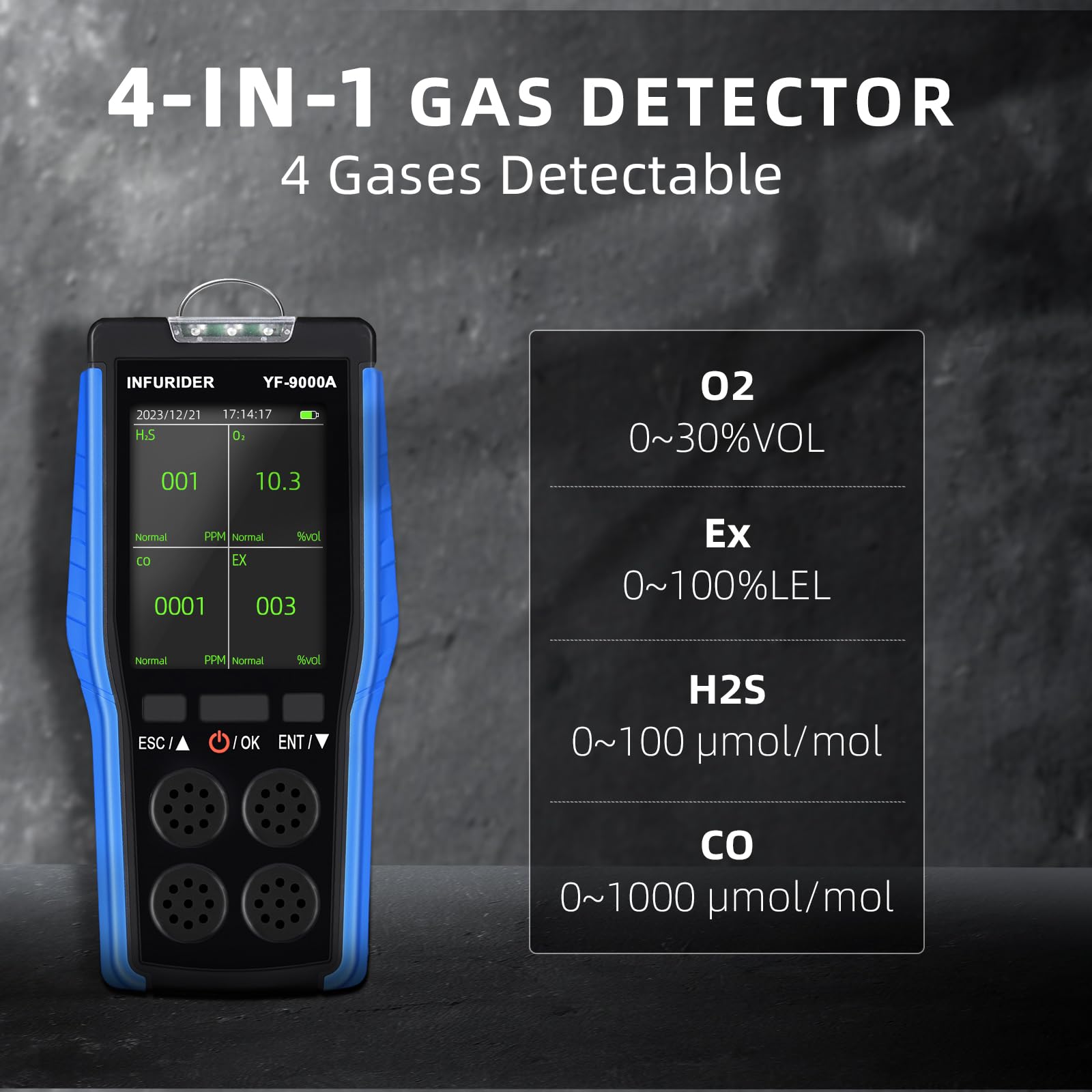 Detector de Gas, H2S, CO, O2, LEL, Monitor de Gas 4 en 1, Spray Detector de Fugas con Pantalla LCD en Tiempo Real, Alarma Gases Inflamables