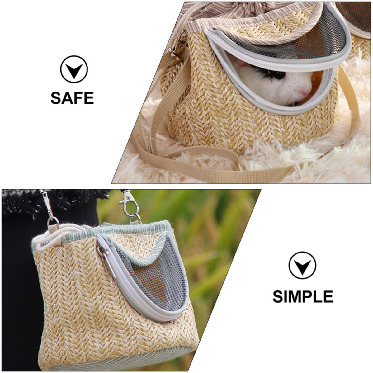 Garneck Paquet de Transport Portable Couleur Aléatoire avec Fermeture Éclair en Paille, Flanelle et Maille pour Petits Animaux pour Hamster et Cochon d'Inde en Voyage