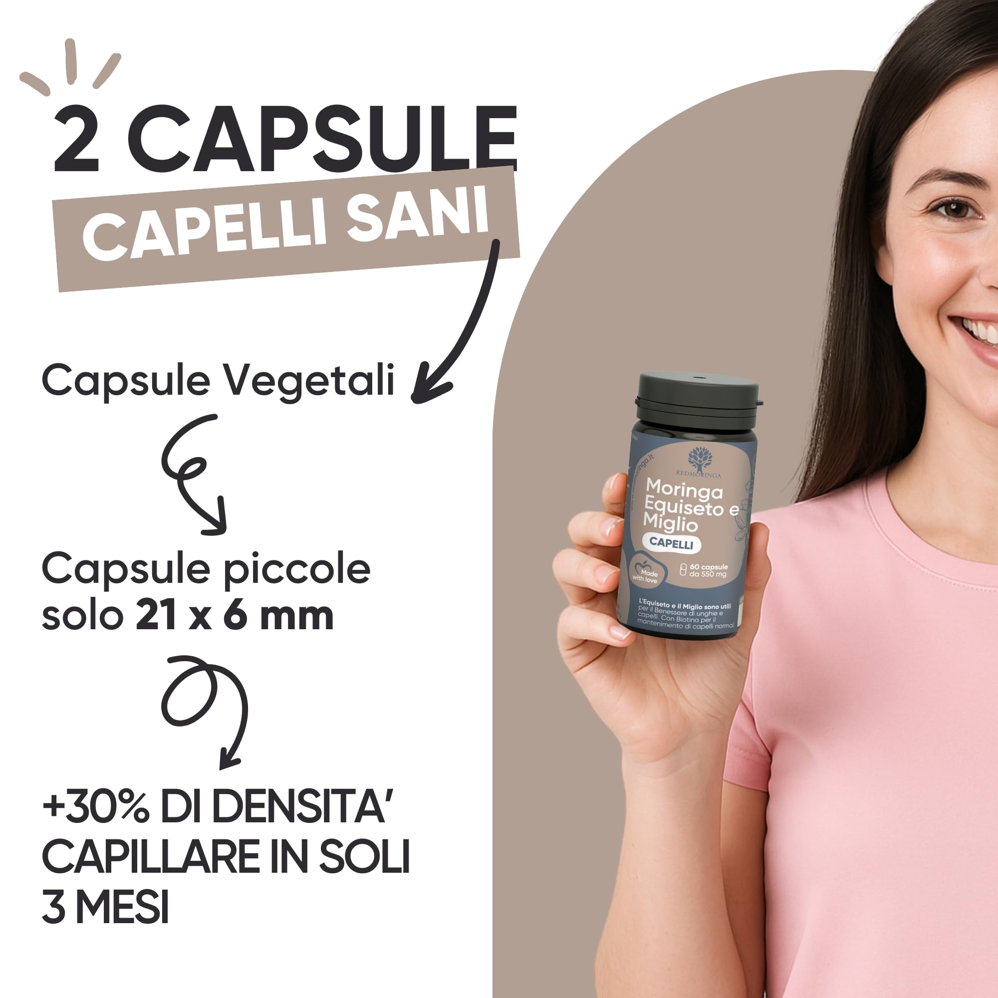 Integratore Biotina Capelli con Moringa, Equiseto, Miglio, Zinco, Cistina, Metionina | Hair Vitamins MIX UNICO | Integratore Anticaduta Capelli Donna e Uomo | 60 Capsule Made in Italy | RedMoringa