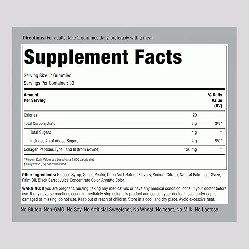Miniatura 2 de Piping Rock Gomitas de colágeno  60 unidades  Péptidos de colágeno tipo 1 y 3  Sabor a fresa  Suplemento bovino  Sin OMG, sin gluten
