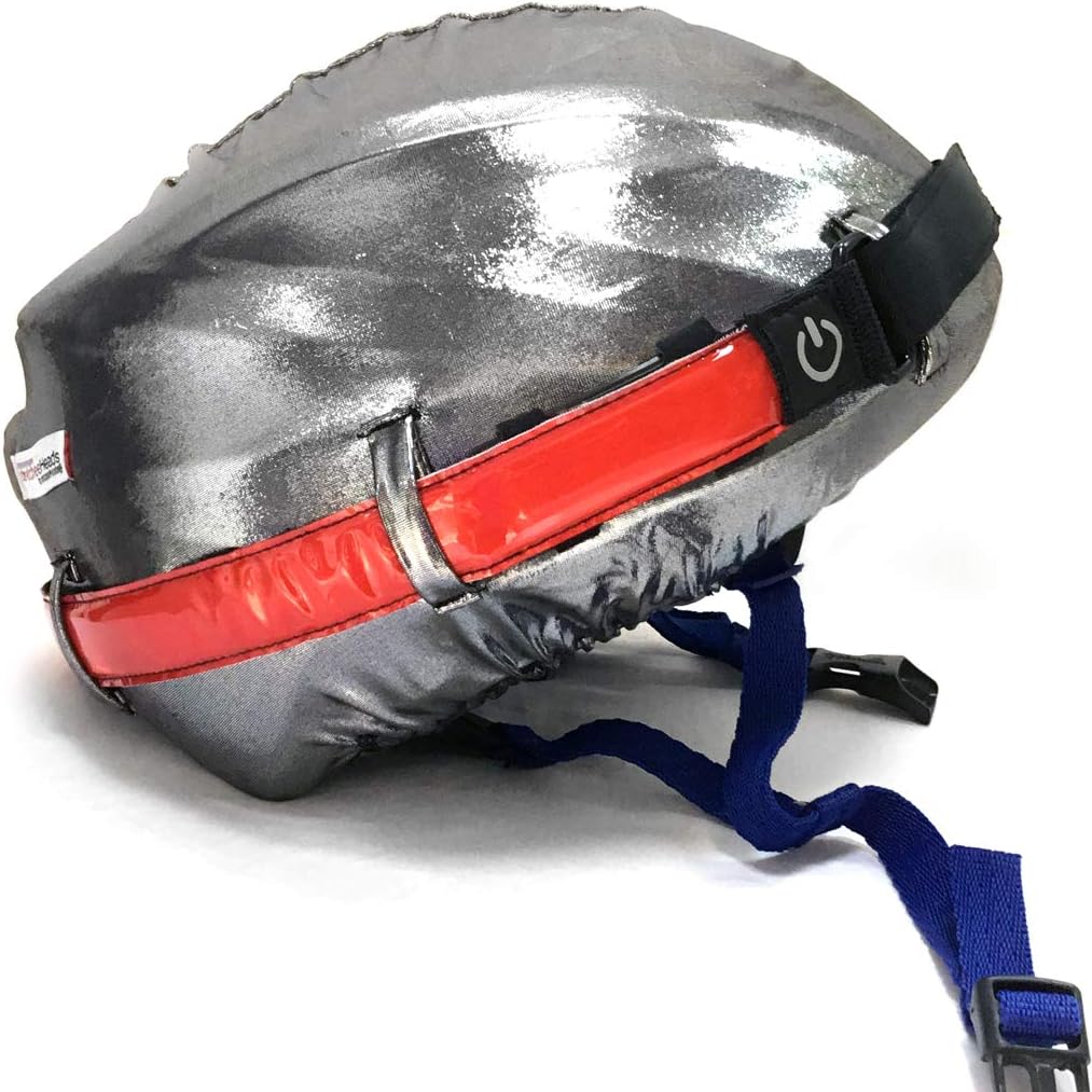 crazeeHeads Bright LED Belted Helmet Covers - High Visibility for Safety - Bicycle, Summer, Snow, Winter, Cycling Sport Accessories - Water-Resistant Bike Helmet Cover (Silver with Cherry Red Belt)