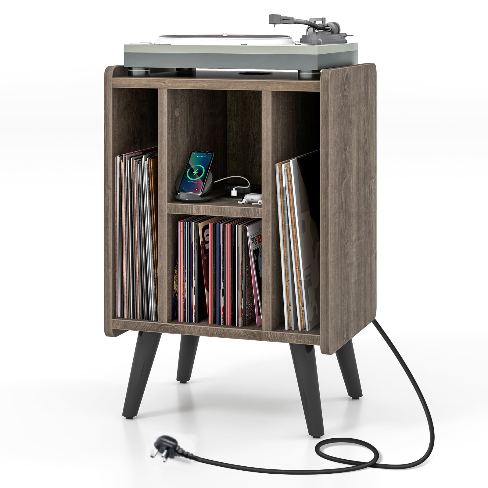 COSTWAY Record Player Stand with Charging Station, Turntable Stand End Sofa Side Table with 4 Open Shelves, Wooden Albums Vinyl Record Storage Cabinet Holder for Living Room Bedroom (Grey Oak)