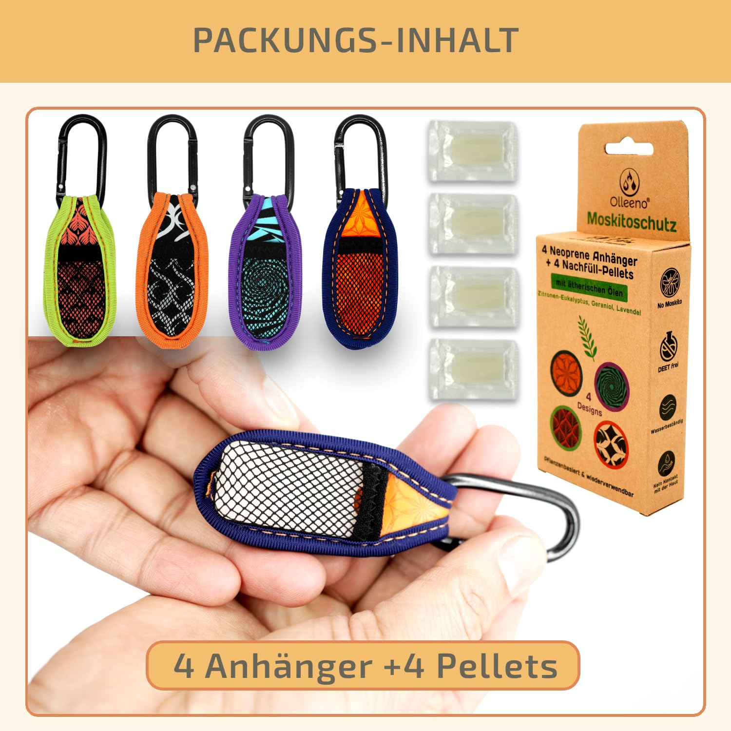 OLLEENO® Mückenschutz Clip Moskito Insektenschutz Anhänger für Outdoor Camping Wandern Sport Anti Mücken Clip aus Neopren (4 Stück + 4 Nachfüll-Pellets)