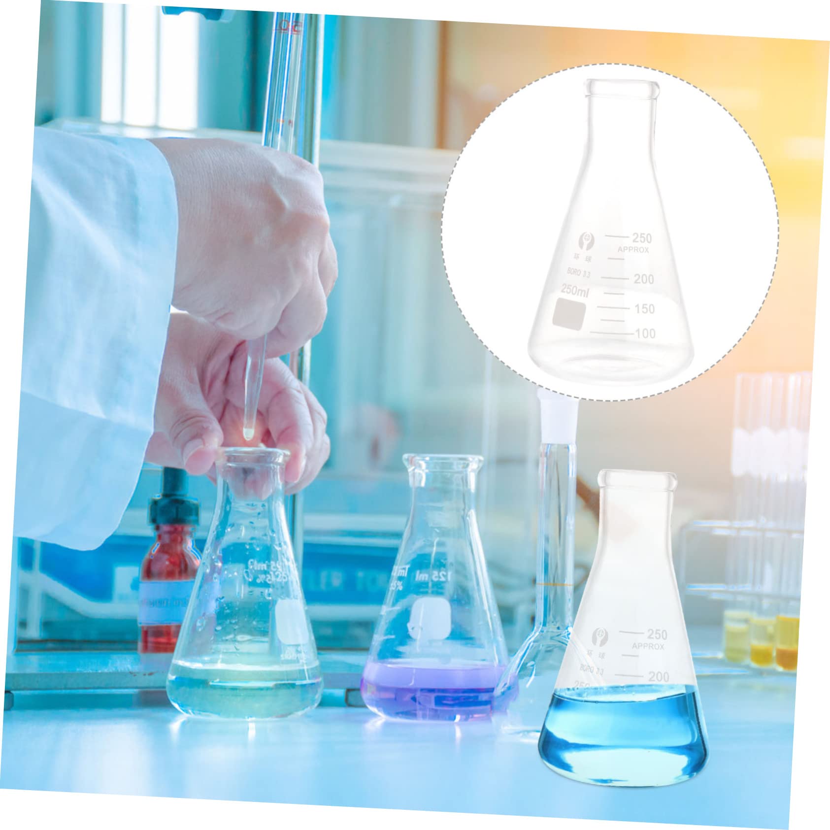 SOLUSTRE Frasco de Vidrio Borosilicato Espesado, 4 Unidades | Cuello Ancho, Forma Cónica y Triangular, Uso en Clase de Química y Escuela, Suministro de Laboratorio