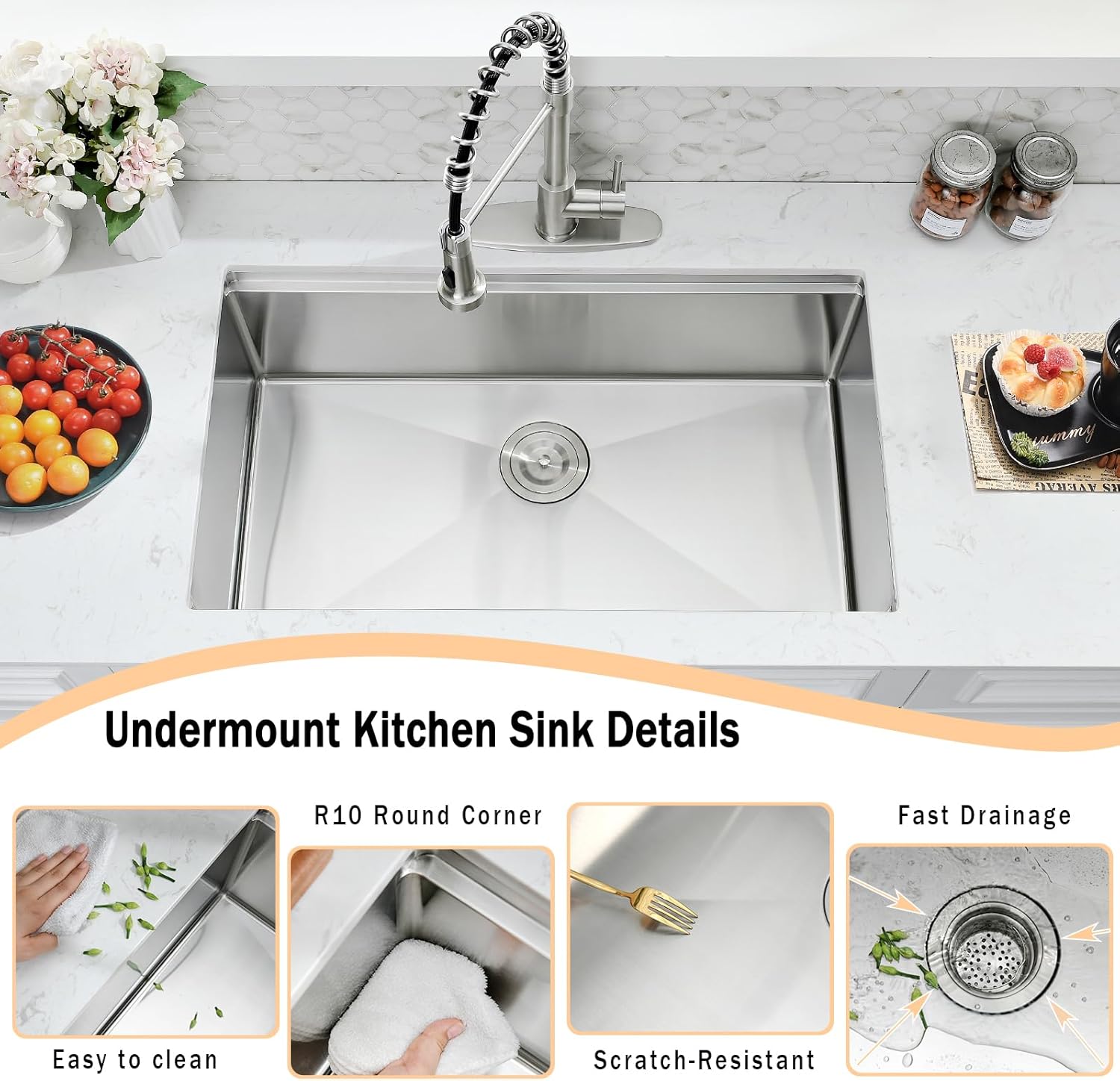 WHaor 30 Inch Undermount Kitchen Sink, 30x19 Stainless Steel Single Bowl Workstation 16 Gauge Handmade 10" Deep Modern Under Counter Sink with Accessories