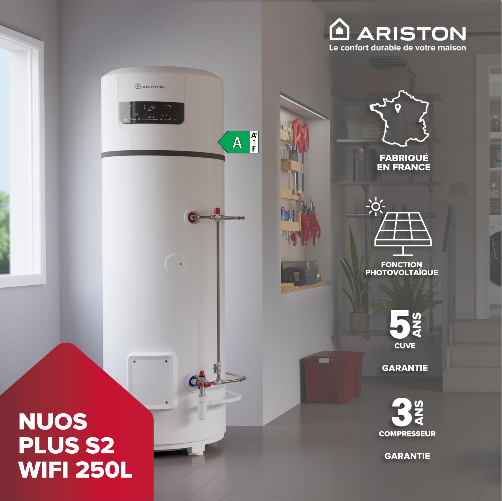 Ariston NUOS PLUS S2 WIFI 250L, Chauffe-eau Thermodynamique Gainable A+, 80% d'Économie, COP 3.54 à 7°C, ACI Cuve Titane, Made in France