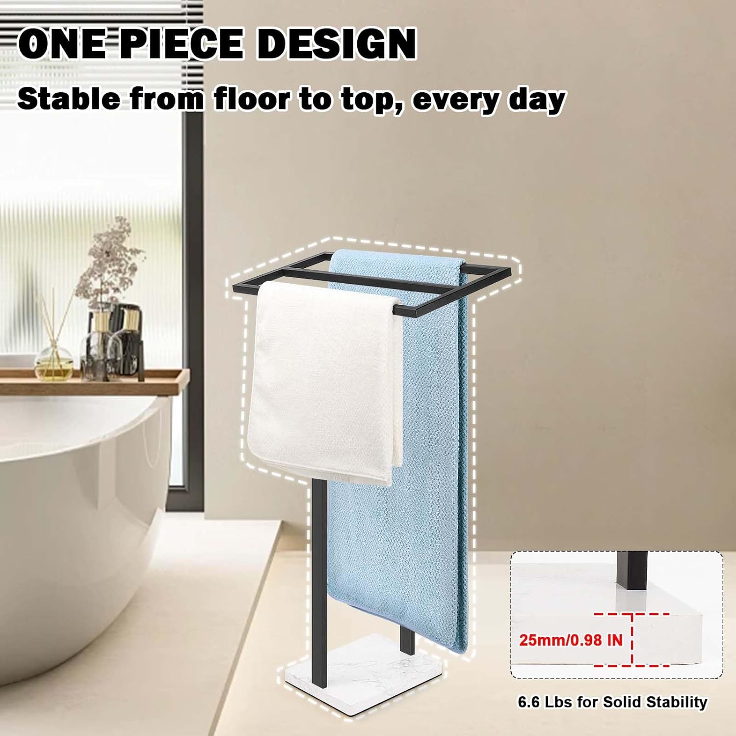Livabber Standing Towel Rack, 304 Stainless Steel 2 Tier Towel Holder Stand with Heavy Marble Base, Stylish Floor Towels Bar for Bathroom Accessories, Laundry Room, Pool (Black)