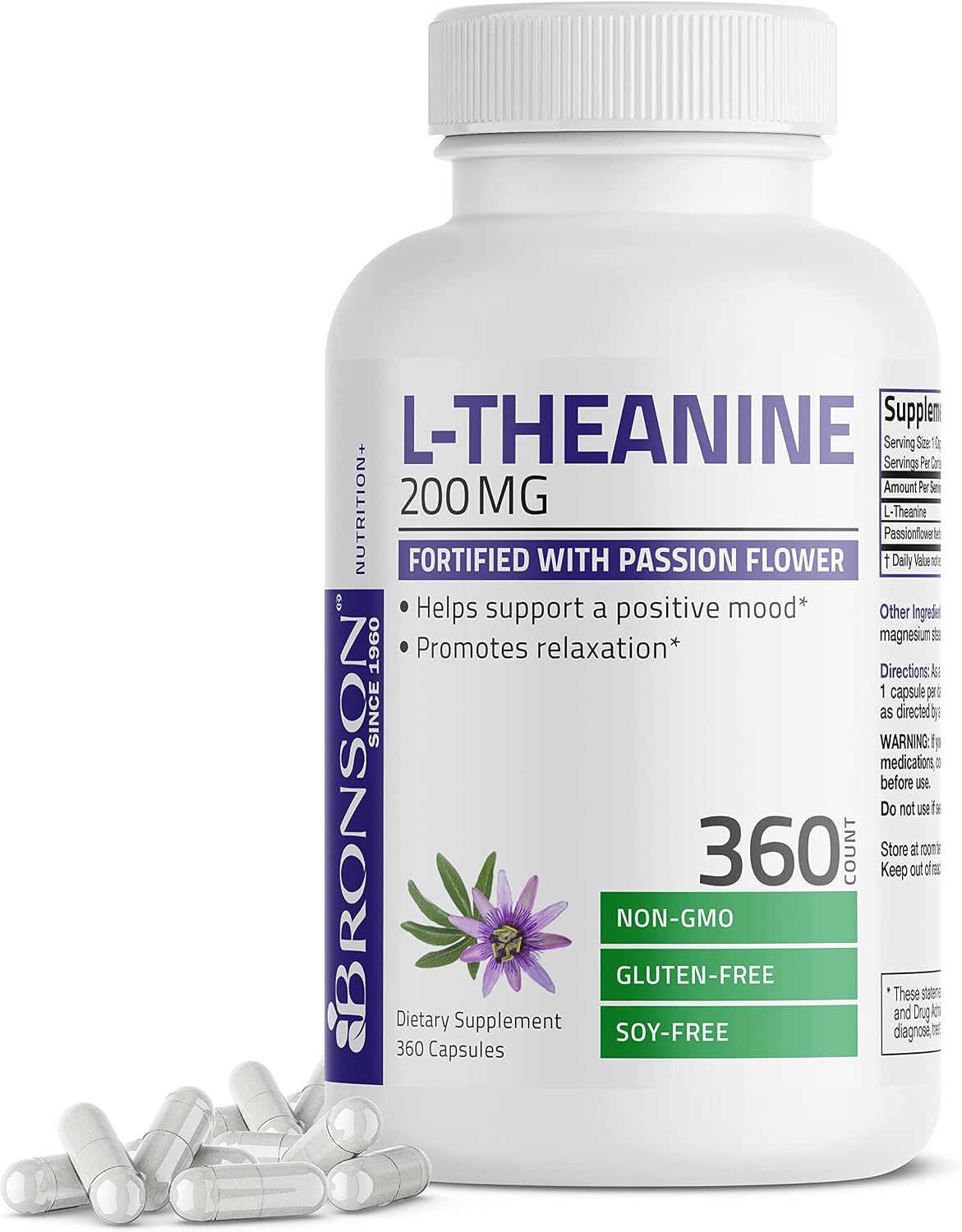 Bronson L-Theanine 200mg (Double-Strength) with Passion Flower Herb, Non-GMO Gluten-Free Soy-Free Stress Management Supplement, 360 Capsules
