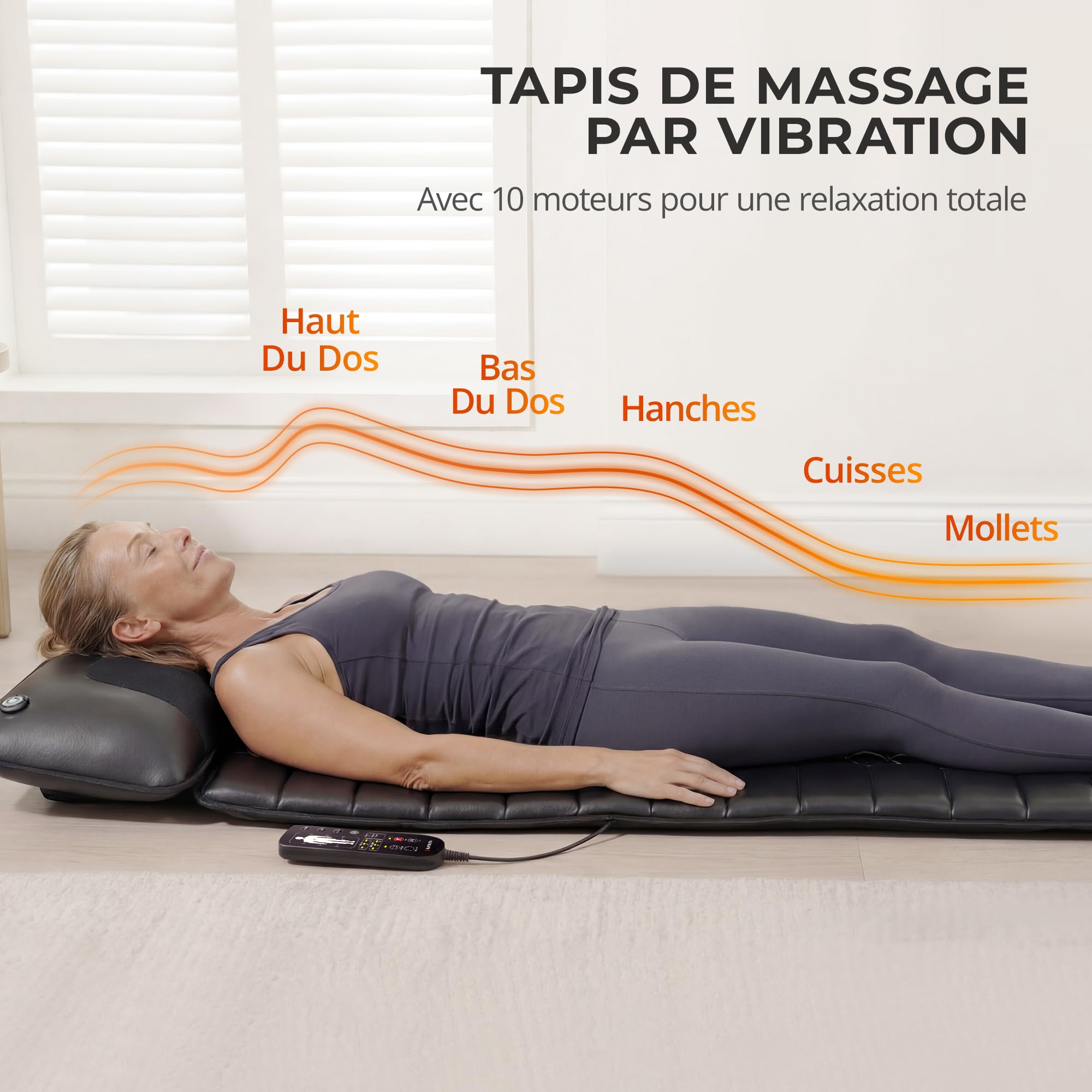 Tappetino massaggiante per tutto il corpo con massaggio shiatsu e calore | con 10 motori di vibrazione per schiena, vita e gambe, massaggiatore elettrico per casa e ufficio, nero