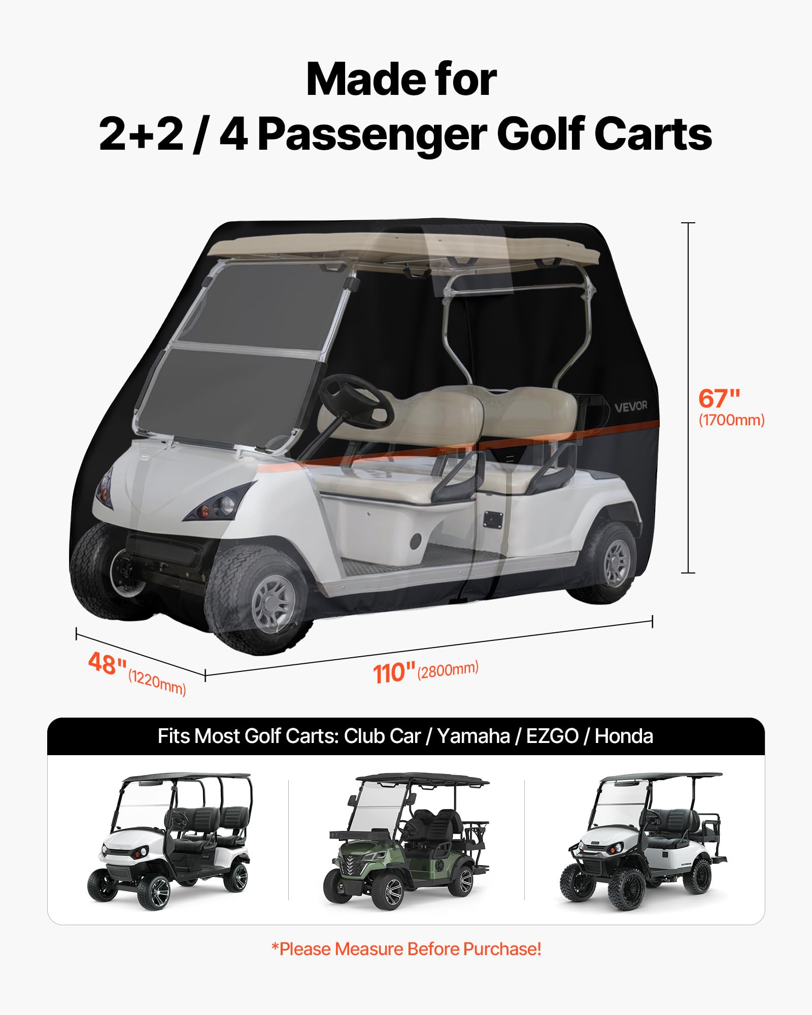 VEVOR Copertura di Protezione da Esterno per Carrello da Golf Copertura Completa con Tessuto Oxford 420D Impermeabile per Golf Cart da 2 o 4 Posti Compatibile con Yamaha EZGO Club Car Honda