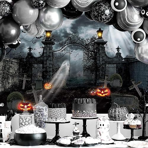 Miniatura 4 de MEHOFOND Telón de fondo de fotografía de casa embrujada de Halloween de 10 x 7 pies, linterna de calabaza, terror desolado, puerta de cementerio,