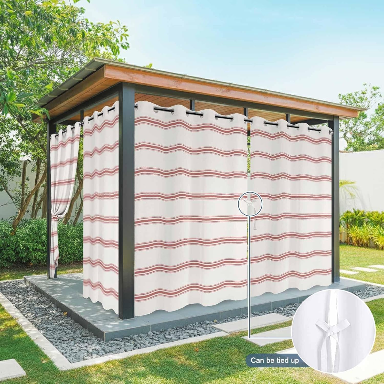 Outdoor Curtains for Patio Waterproof, Red Striped Windproof Pravicy Outside Porch Blackout Curtain, Rustic Red Stripe Modern Art Beige Sun Blocking Curtains for Cabana Gazebo 2 Panels 54"x95"