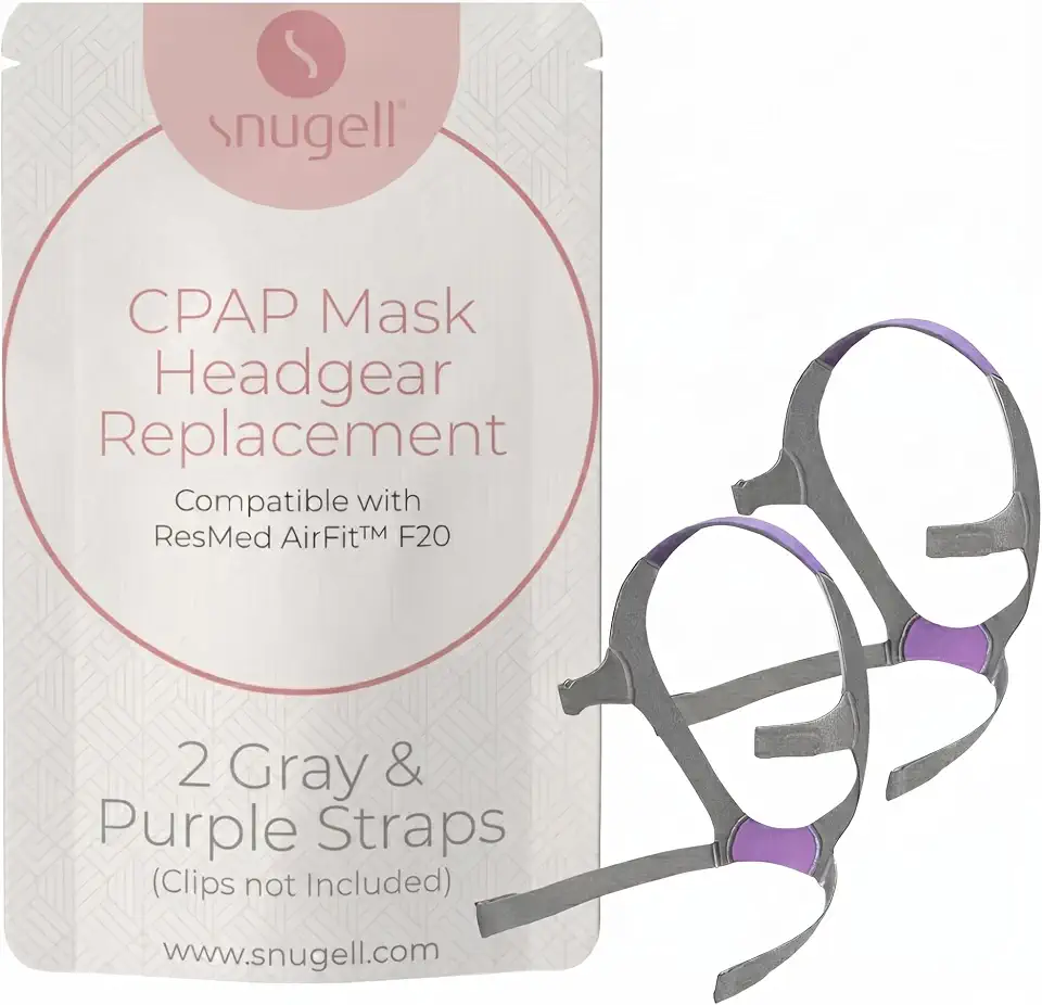 Snugell Alças de substituição para máscara CPAP facial AirFit ResMed F20 (pacote com 2) – Feito de nylon elástico premium ultramacio – Cores cinza e roxo – Clipes não incluídos (normal)