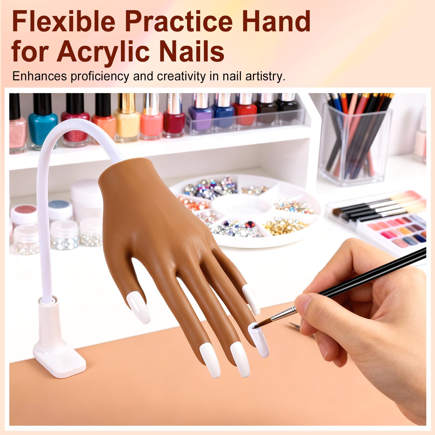Juego de uñas acrílicas con mano de práctica y 100 uñas de repuesto – Kit profesional de manicura para uñas postizas, extensión de uñas, polvo acrílico, cepillo, diamantes de imitación y almohadilla