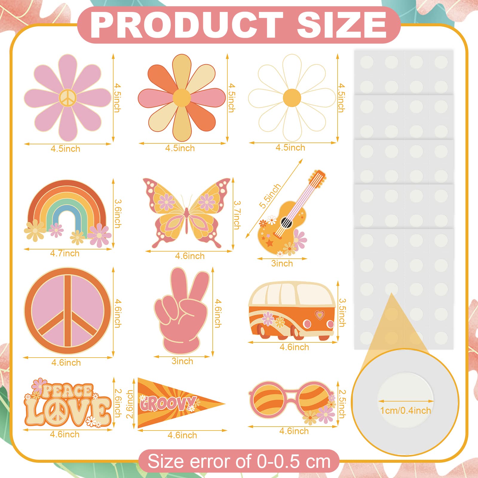 Colarr 60 Pieces Groovy Retro Hippie Boho Party Cutouts Decoration Retro Rainbow Butterfly Daisy Flower Bus Cutouts for Groovy Hippie 60s 70s Party Decorations