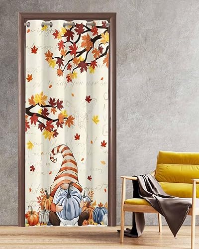 Fall Thanksgiving Doorway Curtains - Blackout Curtains 78 Inches Long, Blue Pumpkin Gnomes Maple Leaf Rustic Sliding Door Curtains Grommet Window