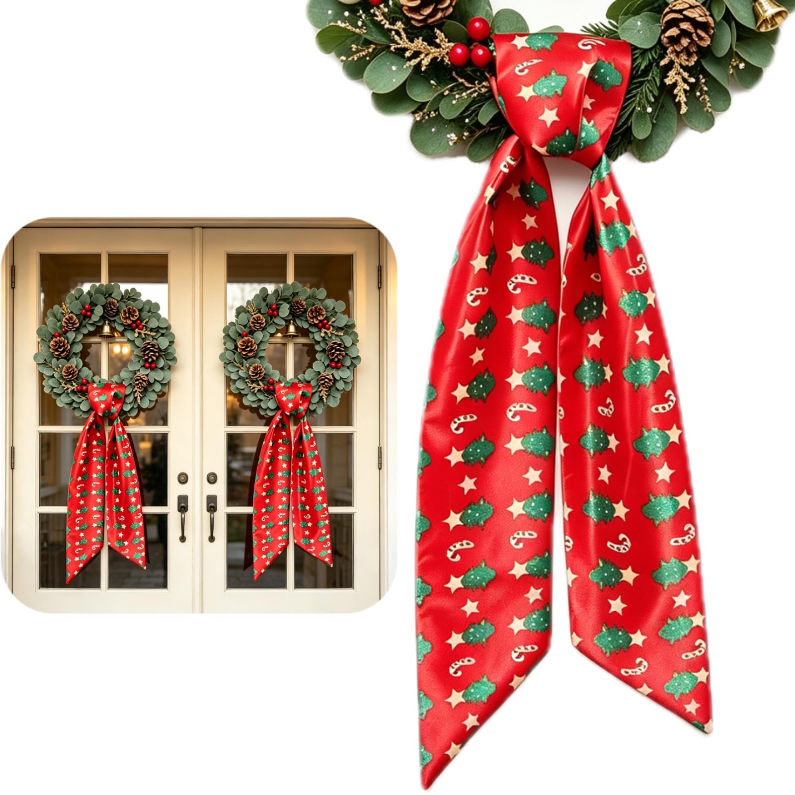 Dream Loom Christmas Wreath Sash for Front Door, 2Pcs Red Ground with Christmas Designs Wreaths Satin Sash Ribbon Accessories for Yard Doorway Indoor Outdoor Wall Party Decor
