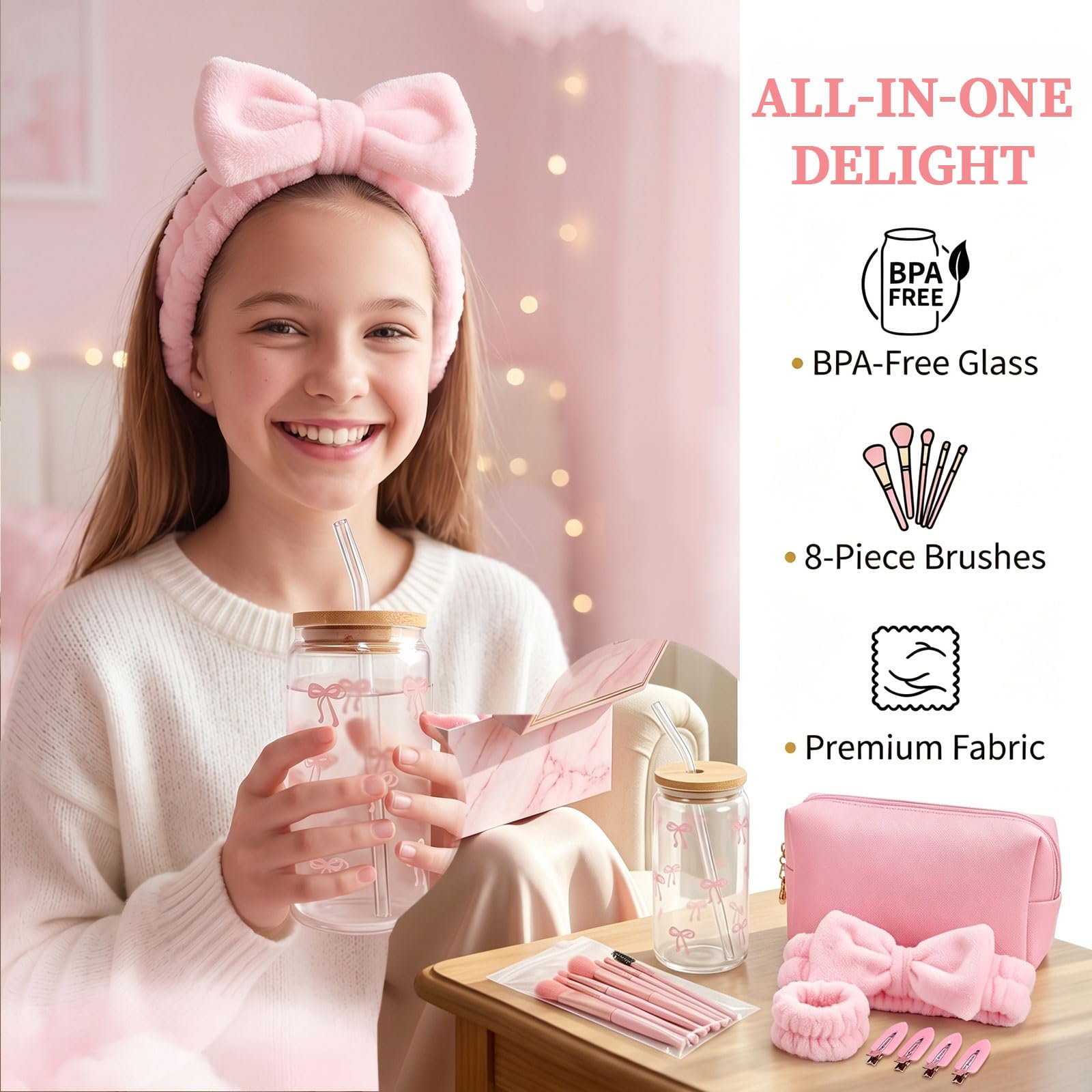 rosa Geschenkbox Regalo per Ragazze Teenager 9-16 Anni, Set Regalo di Compleanno con Bicchiere di Vetro, Cannuccia, Coperchio, Pennelli Trucco, Borsetta Cosmetica, Fermaglio per Capelli,