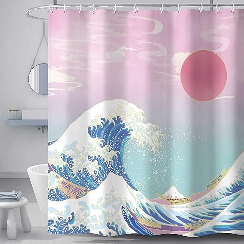 Hajmsug Japanese Asian Art Shower Curtain, Girl Pink Sunset Golden Kanagawa Bath Curtains, Wave Sea Anime Painting Fabric Polyester Waterproof Bathroom Decor Set with Hooks 69x70, Multi - 72x84
