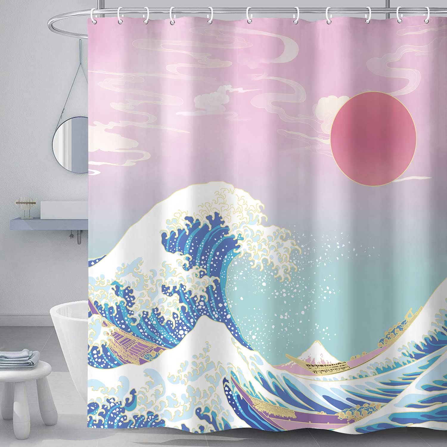 Hajmsug Japanese Asian Art Shower Curtain, Girl Pink Sunset Golden Kanagawa Bath Curtains, Wave Sea Anime Painting Fabric Polyester Waterproof