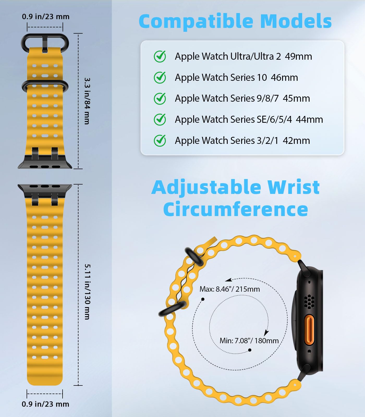 MoKo Cinturino Ocean Compatibile con Apple Watch Ultra 3/2/1 49 mm, S11/S10 46 mm, 9/8/7 45 mm, SE3/SE2/SE/6/5/4 44 mm, 3/2/1 42 mm, Cinturino Sportivo in Silicone Traspirante