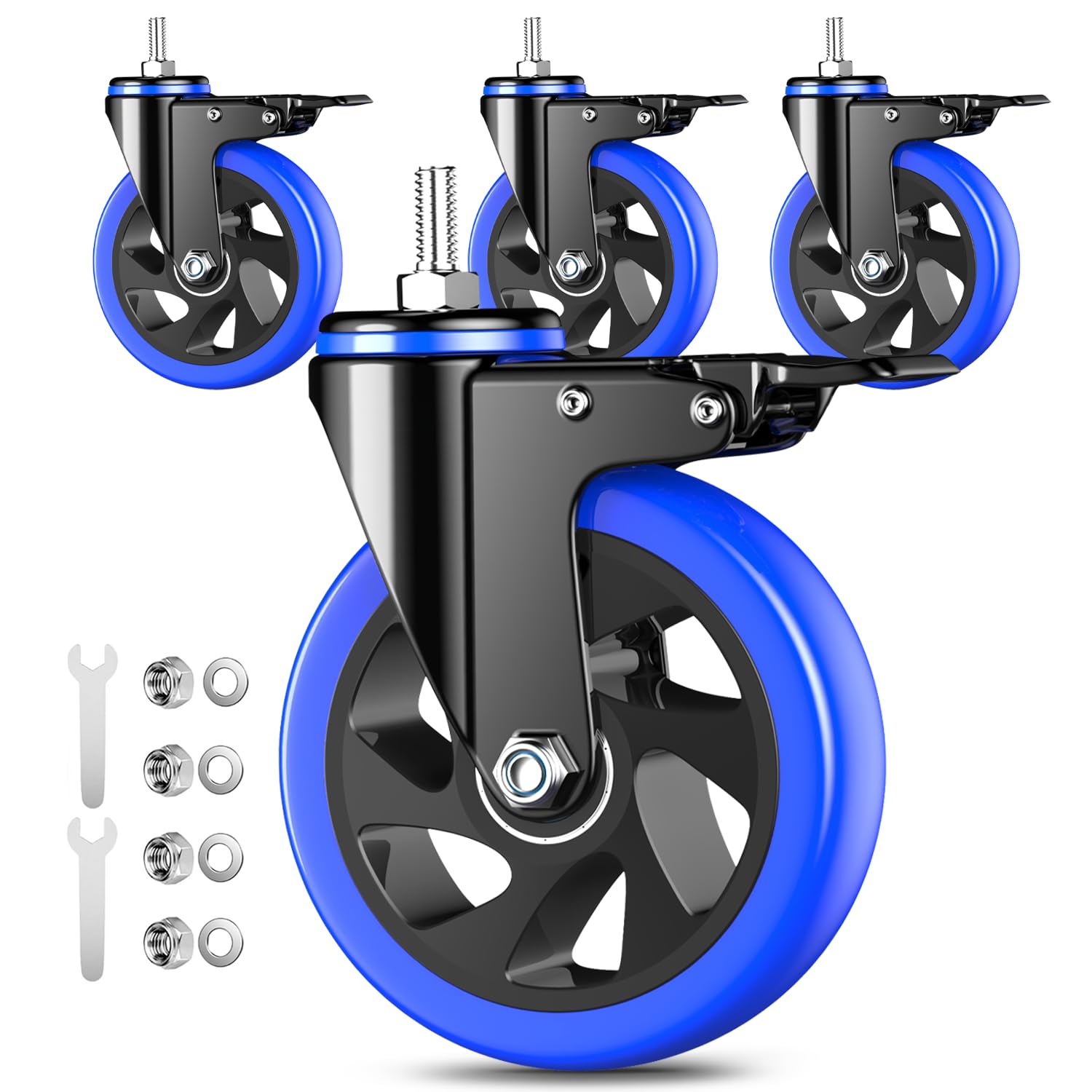 5-calowe kółka jezdne, wytrzymałe, 2200 funtów, kółka z gwintowanym trzpieniem 3/8"-16 x 1 (średnica trzpienia 3/8", długość trzpienia 1"), zestaw 4 kółek obrotowych z blokadą, przemysłowe kółka jez