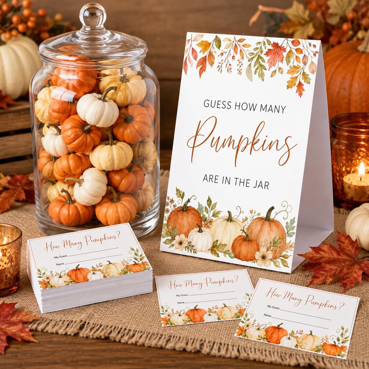 Autumn Guess How Many Pumpkins Game Sign, Fall Pumpkins Baby Shower Party Game Card, Thanksgiving Games Favor 50pcs Guessing Games Cards and 1 Sign 5x7 Inch