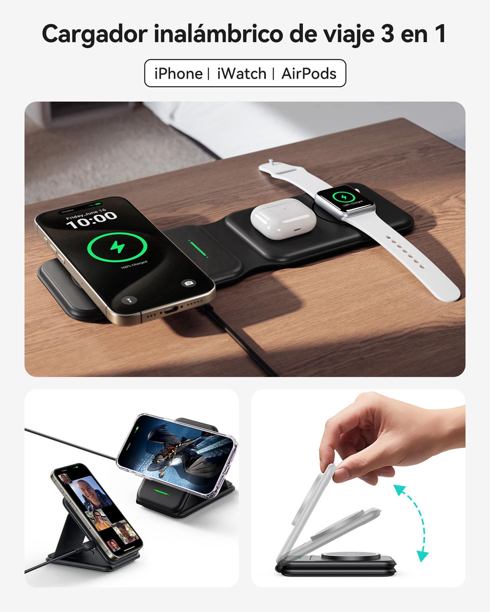 INIU Cargador Inalambrico 3 en 1 de Viajar, Base de Carga Magnetic 15W Carga Rapida para iPhone 16 15 Pro MAX 14 13 12 y Apple Watch Series 9 8 7 6 5 4 3 SE Ultra, AirPods Pro 4 3 Pro 2 ECC.
