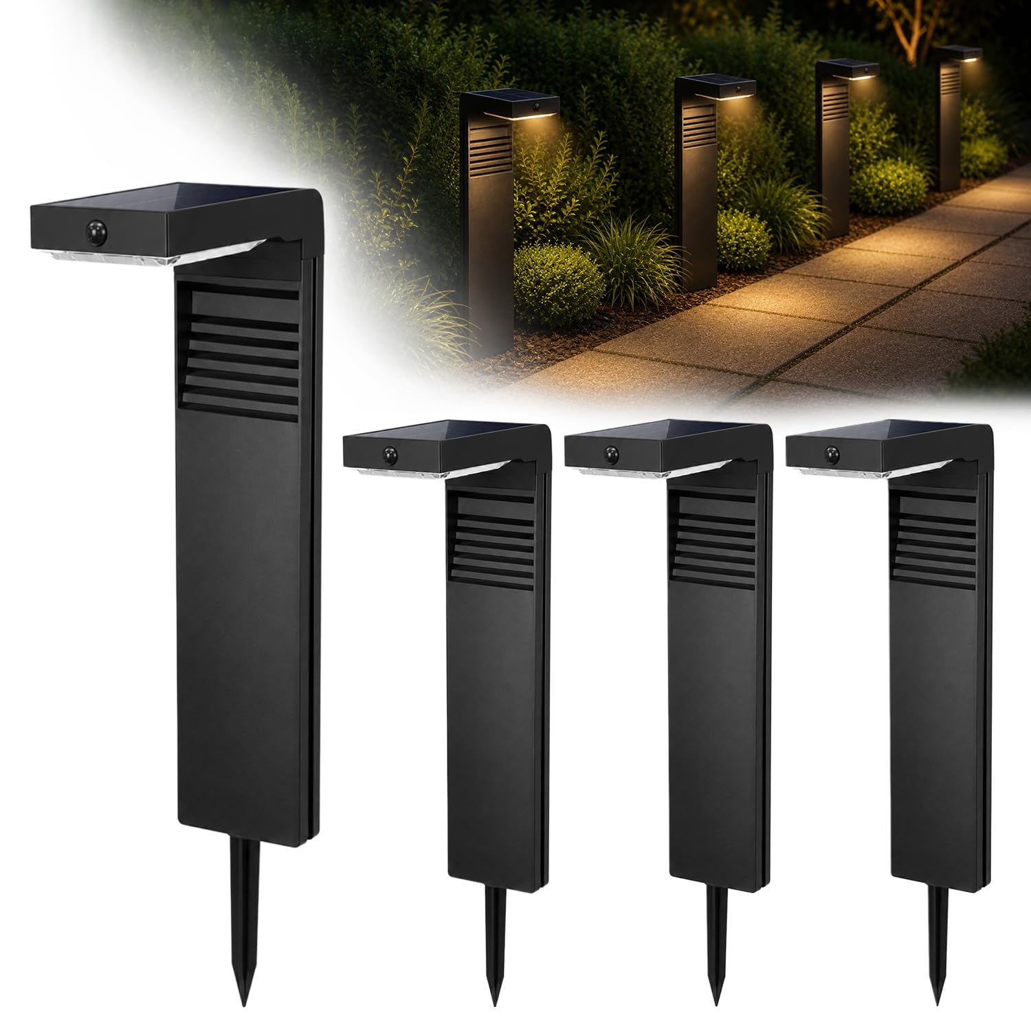 Auraglow Solar Wegeleuchte mit Bewegungsmelder, LED Gartenlampe, 4er Set