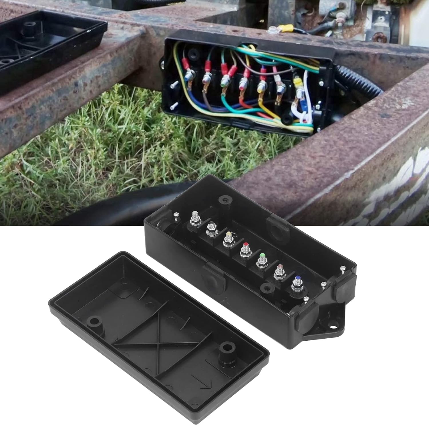 7 Way Trailer Junction Box, 7 Way Electrical Trailer Junction Box with Recognition Color Studs,Weatherproof ABS Electrical Distribution Block for RV, Boats, Trailers